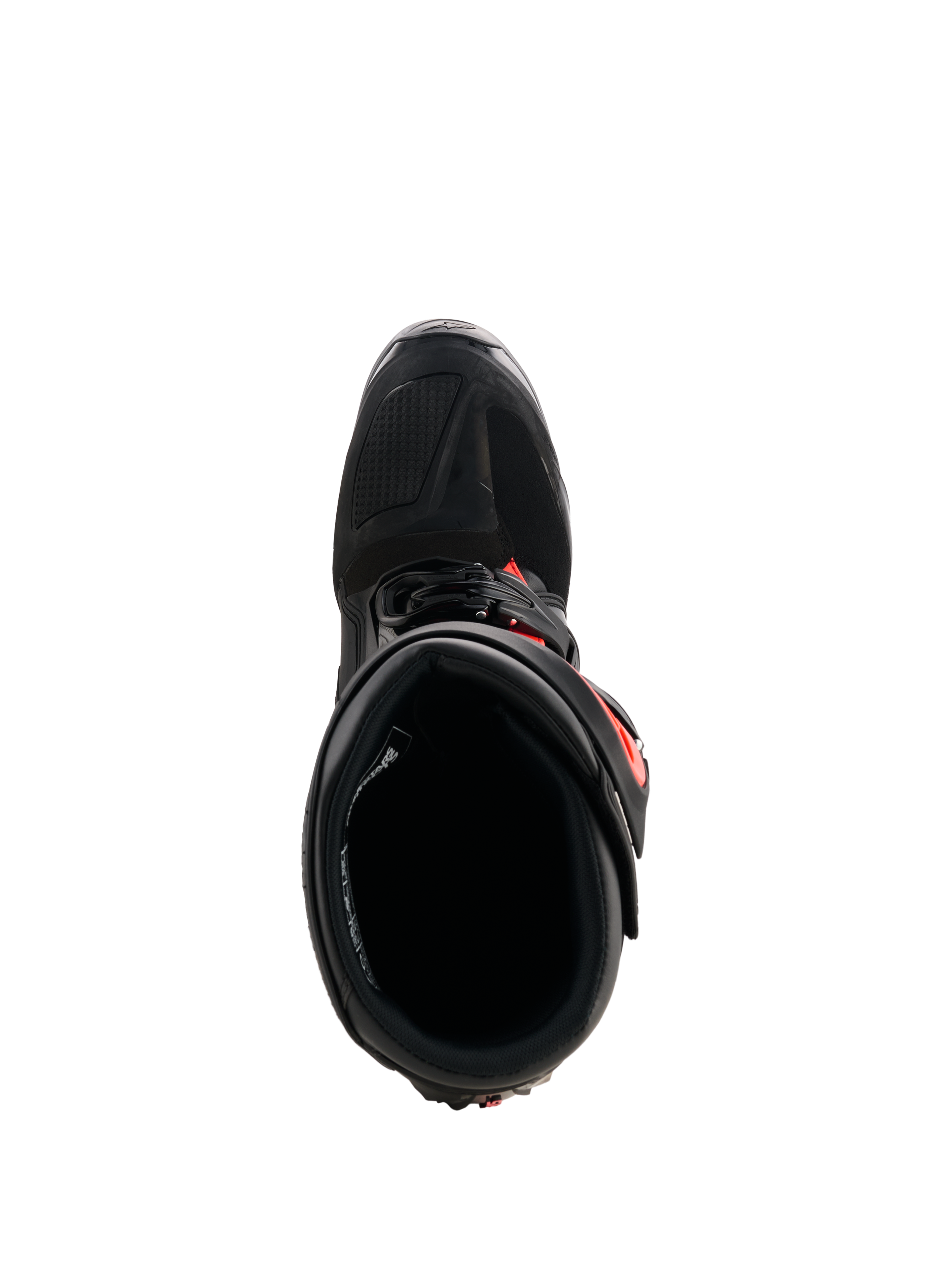 Bottes Alpinestars Tech 7, bottes de motocross, noir et rouge fluo, vue de dessus montrant la doublure intérieure et le système de fermeture, construction en TPU durable avec des accents rouge vif pour la performance en course tout-terrain