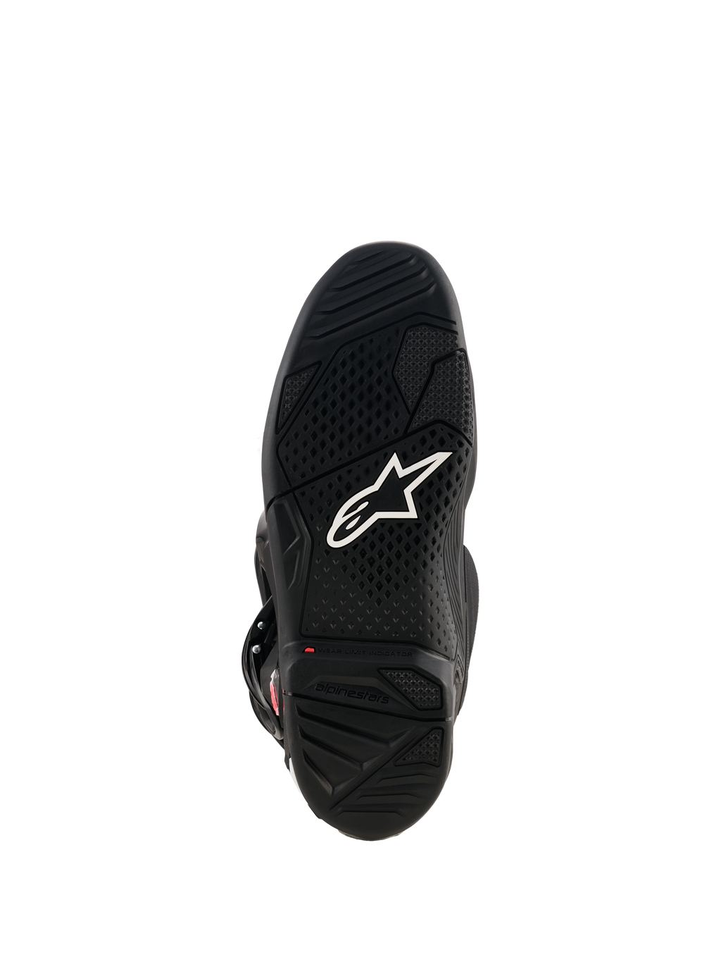 Bottes Alpinestars Tech 7, vue de la semelle en caoutchouc noir, avec logo Astar blanc, motif de semelle texturé et indicateur de limite d'usure rouge pour la performance en motocross