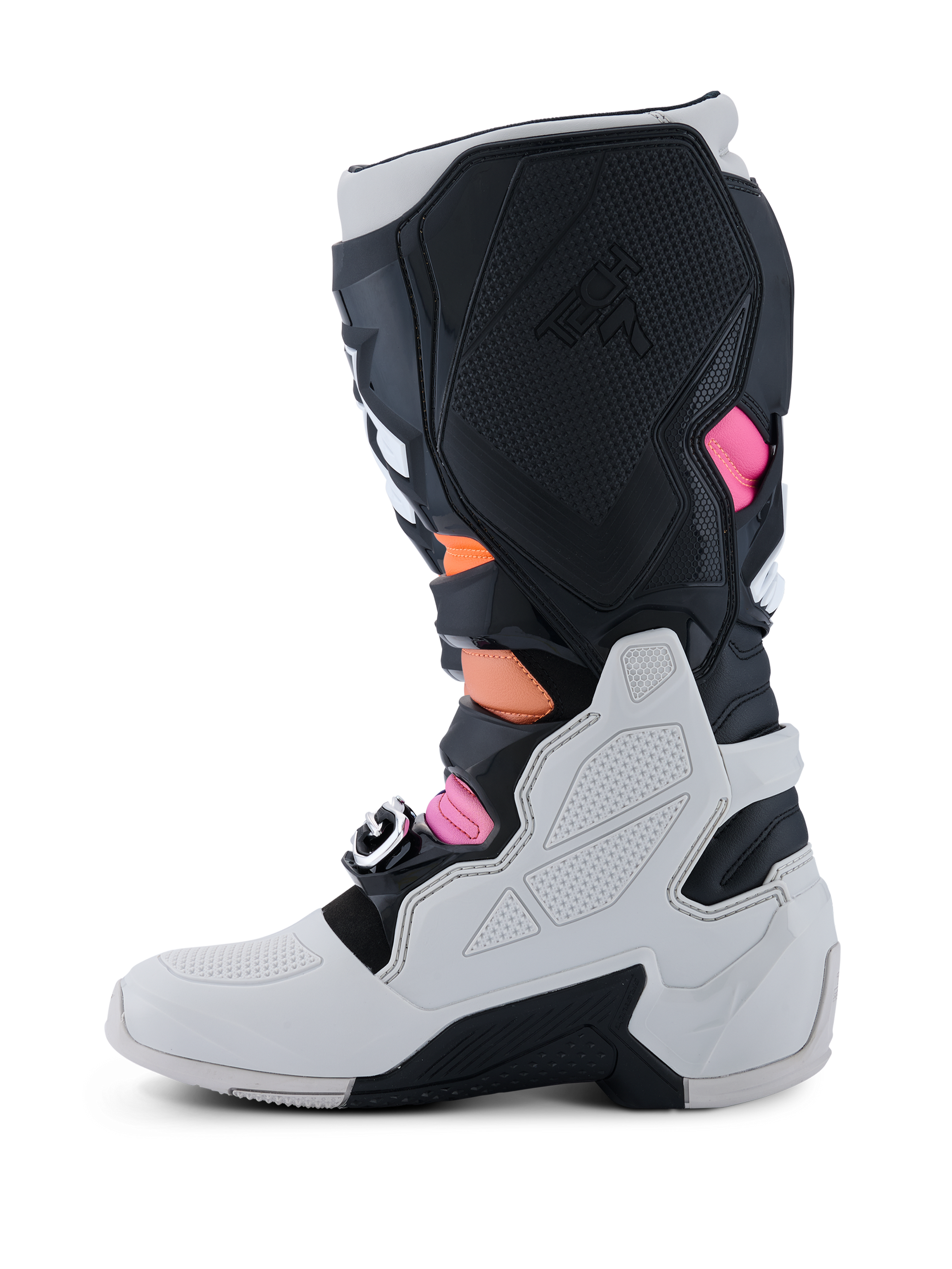Alpinestars Tech 7 Boots, Motocross Boots, Black Light Gray Orange Fluo and Magenta, medial side profile featuring a light gray lower shell, black TPU panels with Tech 7 branding, and vibrant orange and magenta accents.