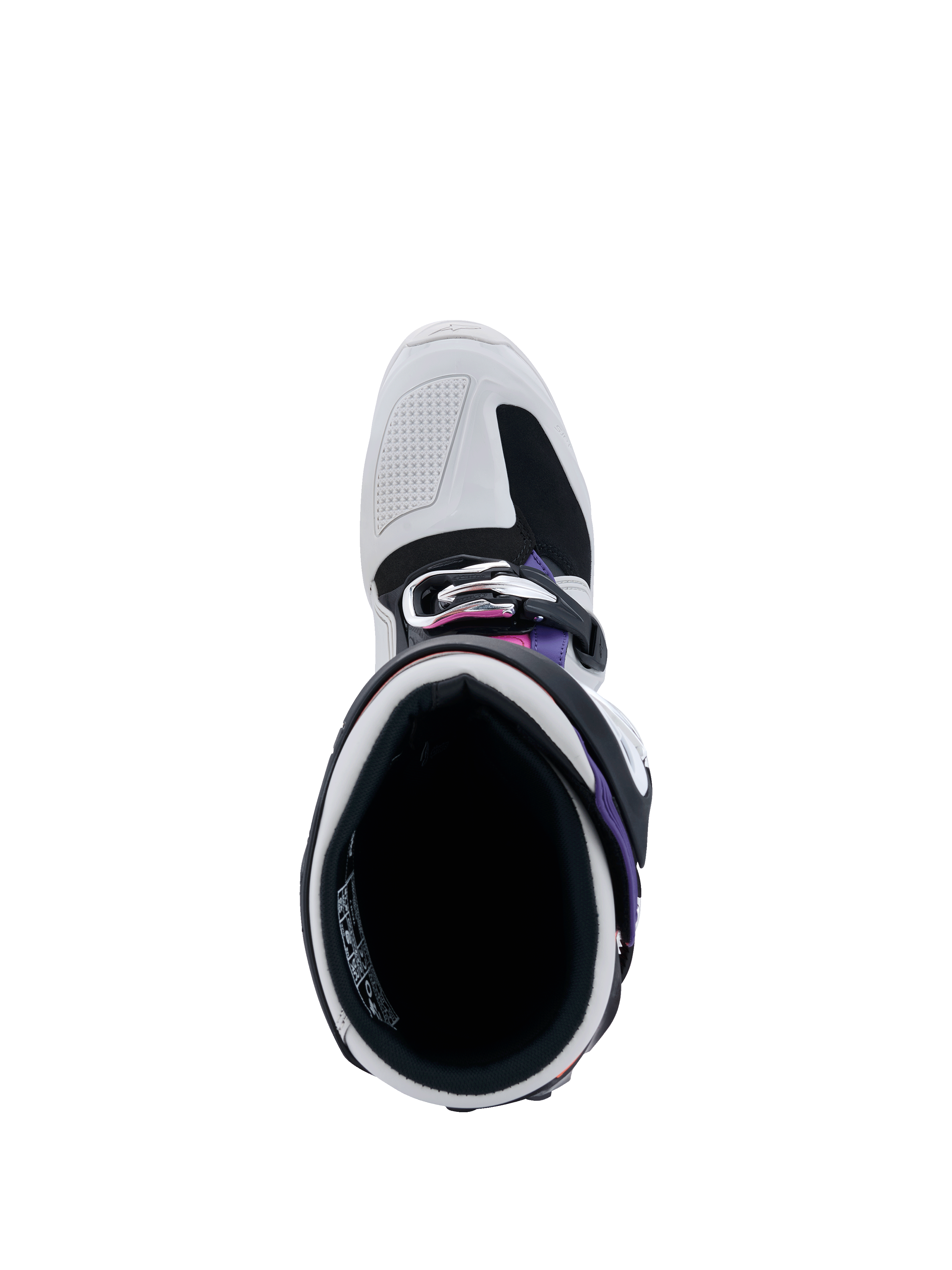 Alpinestars Tech 7 Boots, top-down view into the boot opening, Light Gray and Black with Purple and Magenta accents, showing interior padding, buckle system, and reinforced toe box for off-road racing