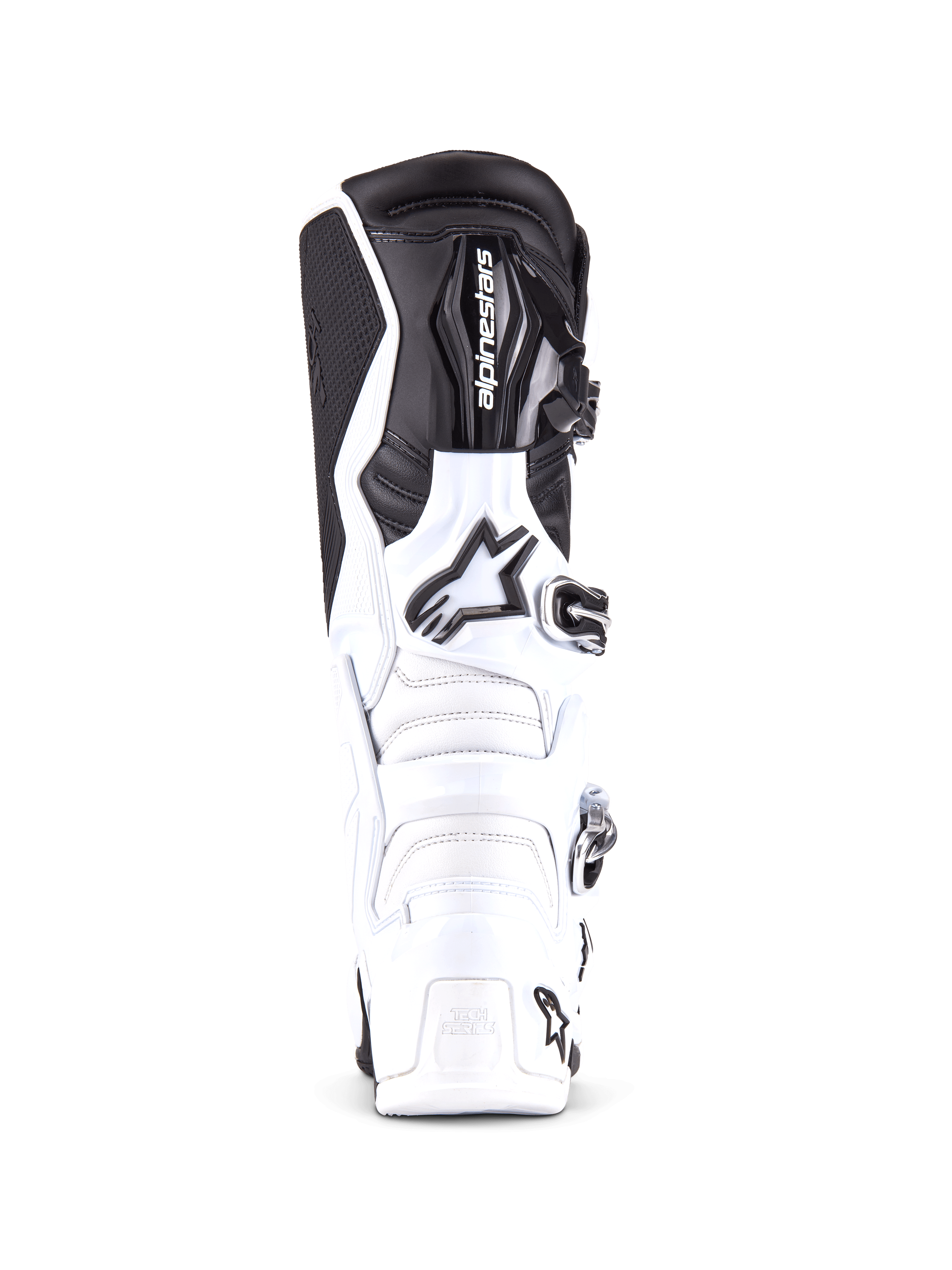 Alpinestars Tech 7 Boots, professional motocross boots in White and Black, front view showing the reinforced shin plate with Alpinestars logo, multi-buckle closure system, and durable TPU construction for off-road riding