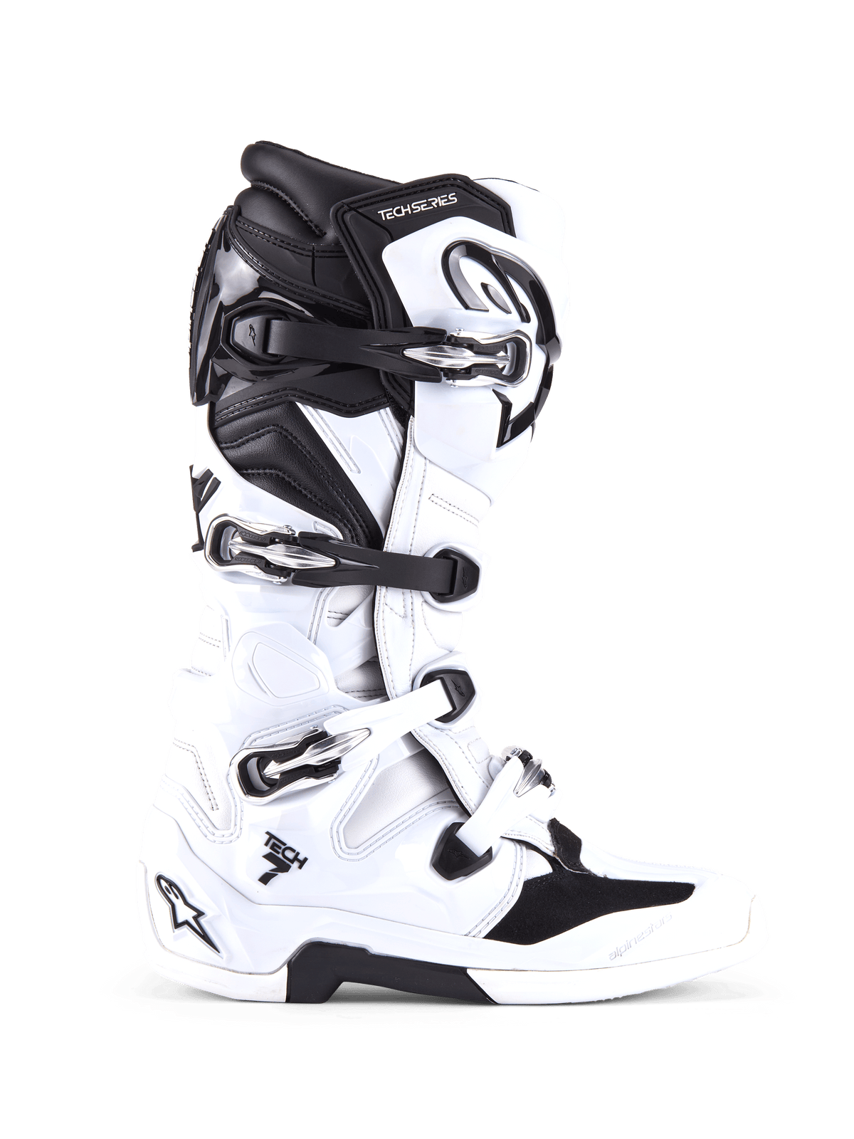 Alpinestars Tech 7 laarzen, motorcross off-road laarzen, wit en zwart, met vier verstelbare gespen en versterkte TPU-schaal, zijprofiel van professioneel off-road schoeisel