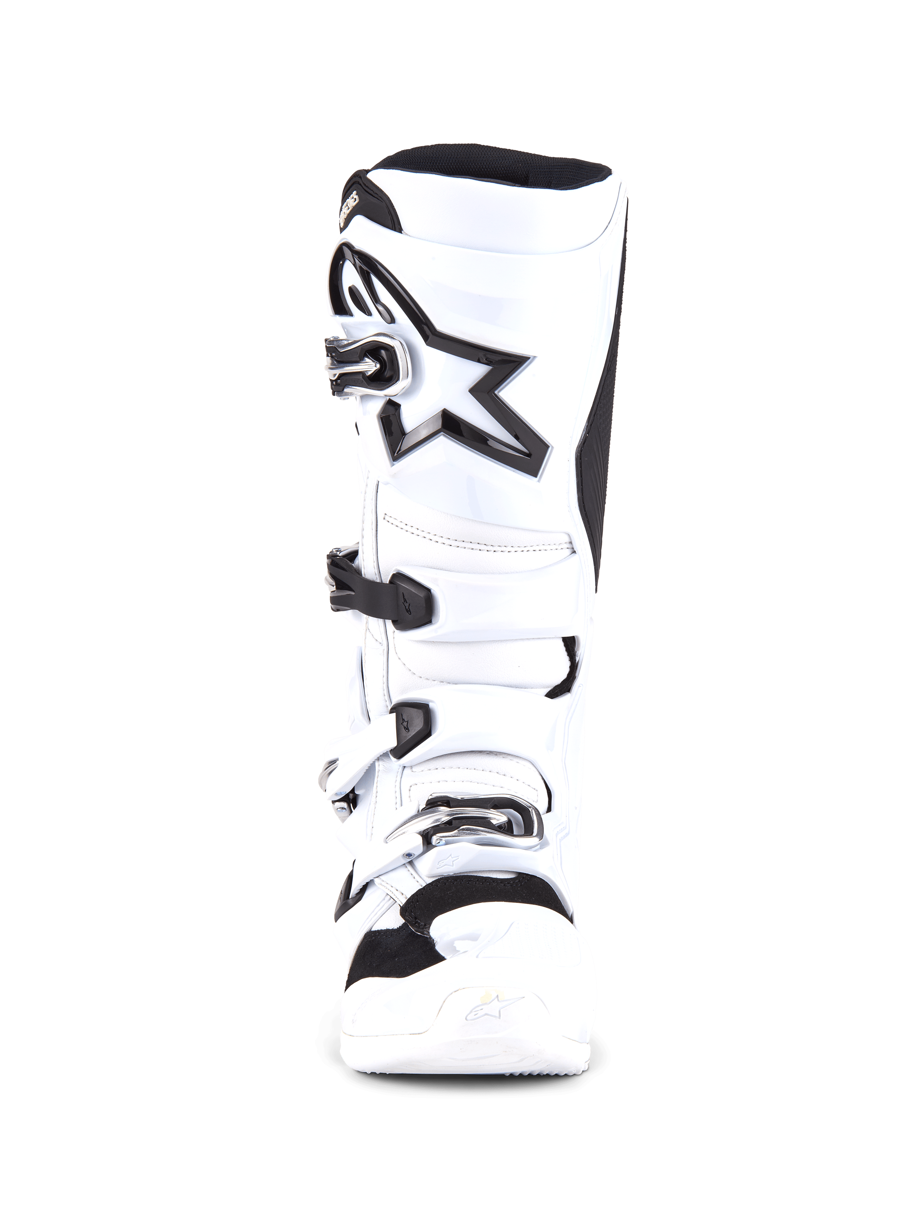 Alpinestars Tech 7 Boots, Motocross Boots, White and Black, front view featuring a four-buckle closure system, large black star logo on the shin, protective TPU shell and reinforced toe for motocross racing