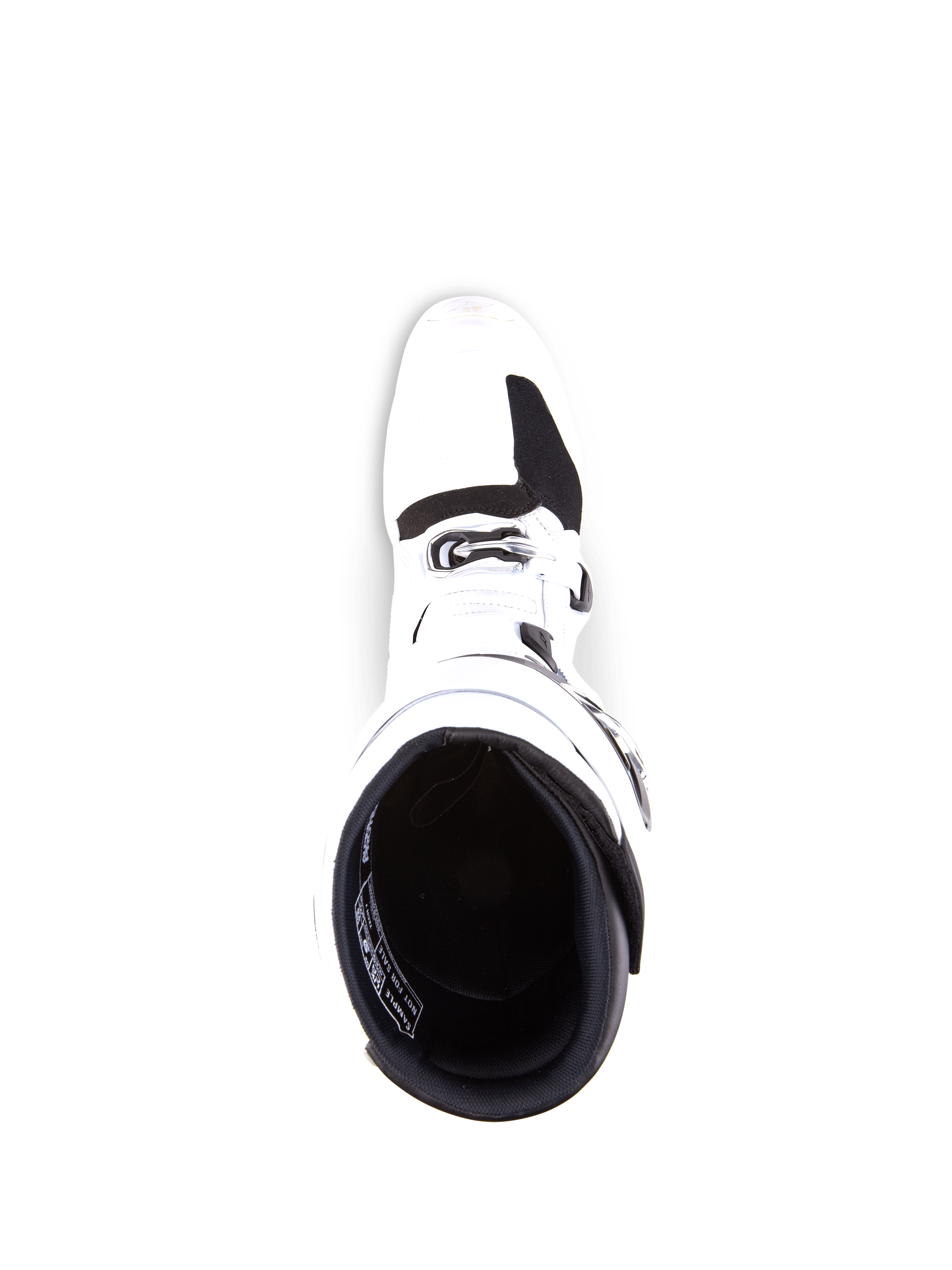 Alpinestars Tech 7 Boots, Motocross Boots, White and Black, top-down view showing the interior opening and toe area, durable TPU construction with buckle details, professional off-road racing footwear