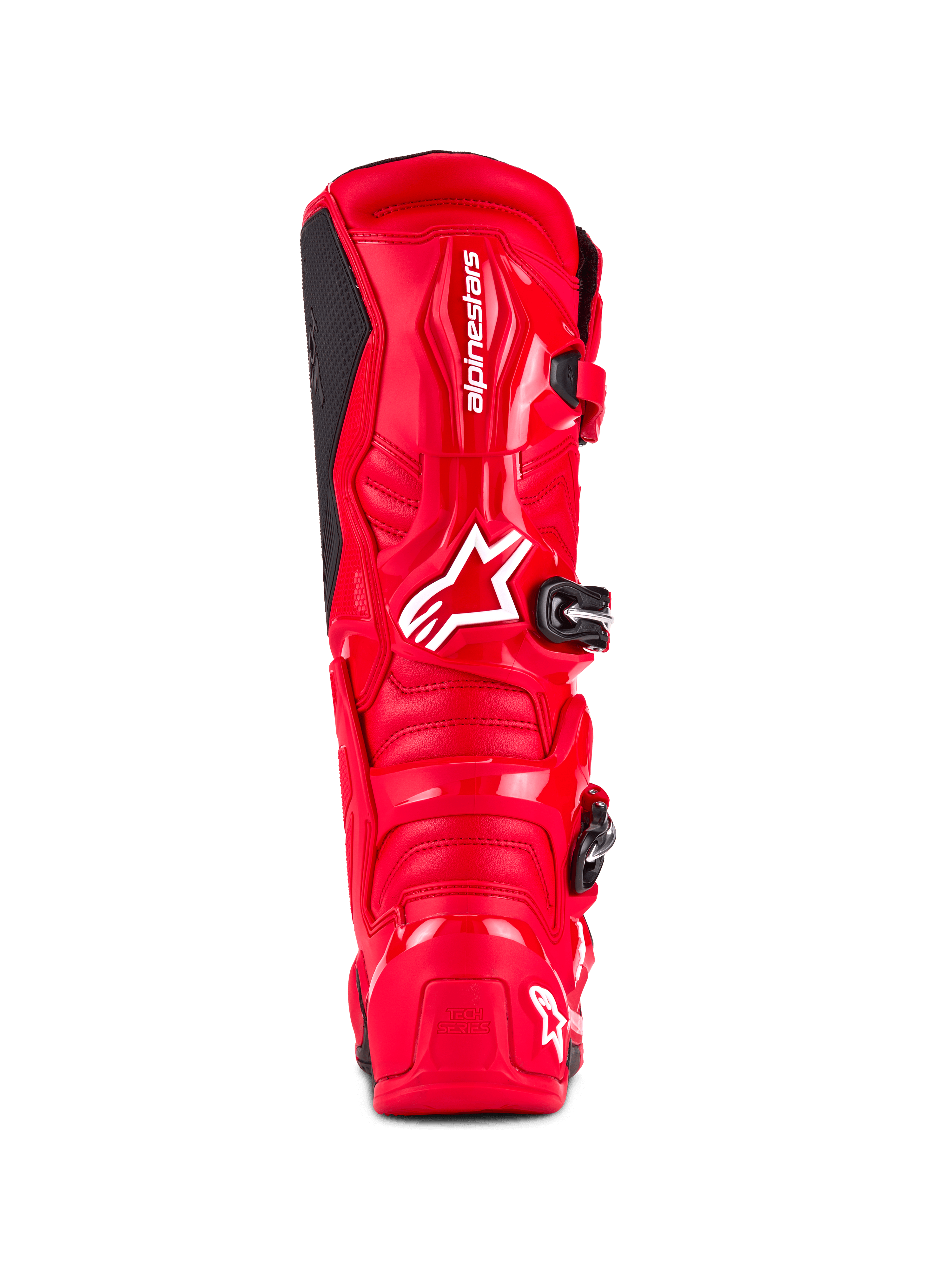 Alpinestars Tech 7 Boots, Motocross Boots, Bright Red, back view featuring a high-impact TPU shell, white Alpinestars branding on the calf, and 'Tech Series' logo on the heel, designed for off-road performance and protection.