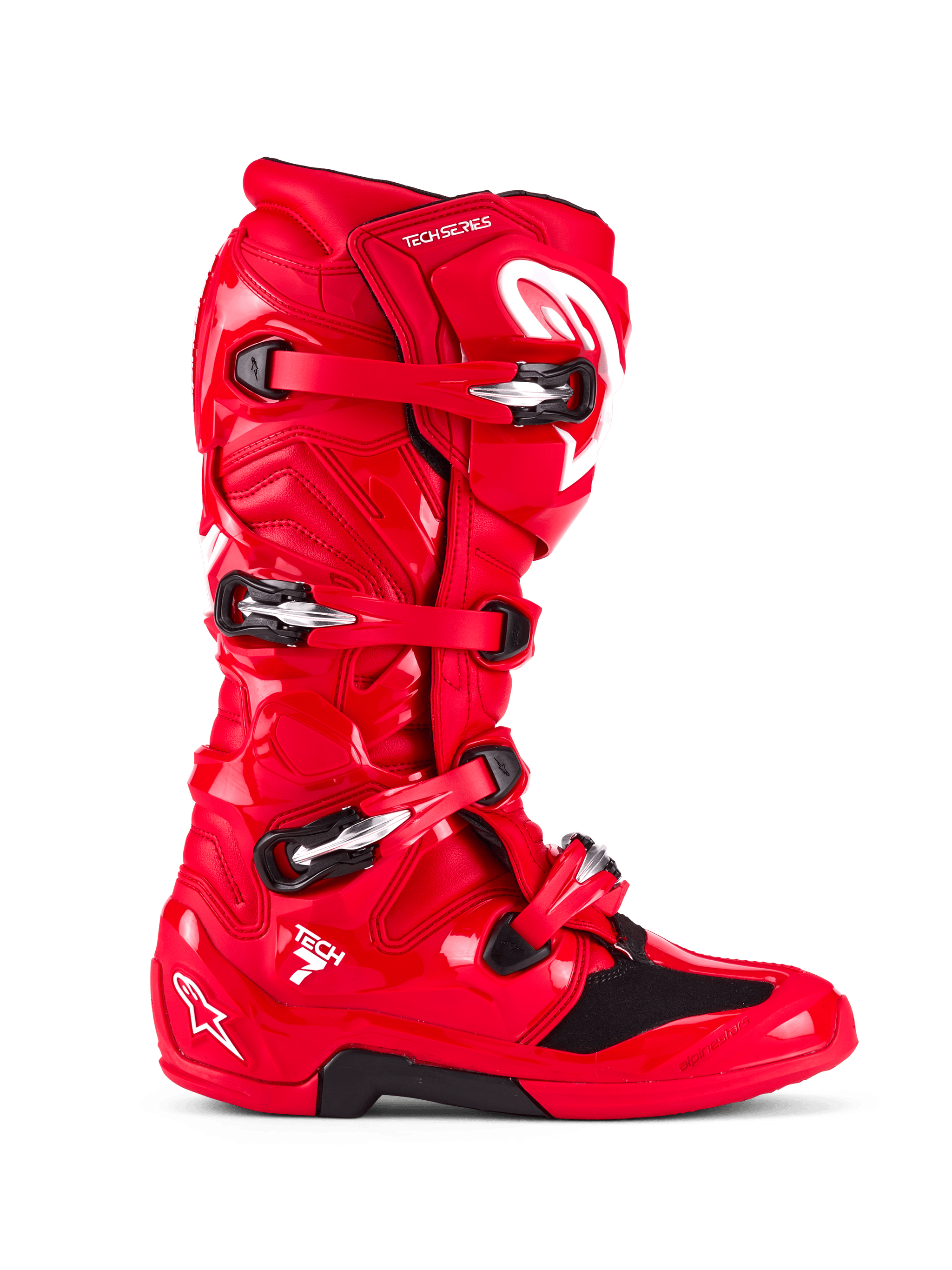 Bottes Alpinestars Tech 7, bottes de motocross, rouge vif, vue de profil, dotées d'un système de fermeture à quatre boucles, coque de protection en TPU, logo Alpinestars blanc et marquage « Tech 7 », équipement de course tout-terrain durable