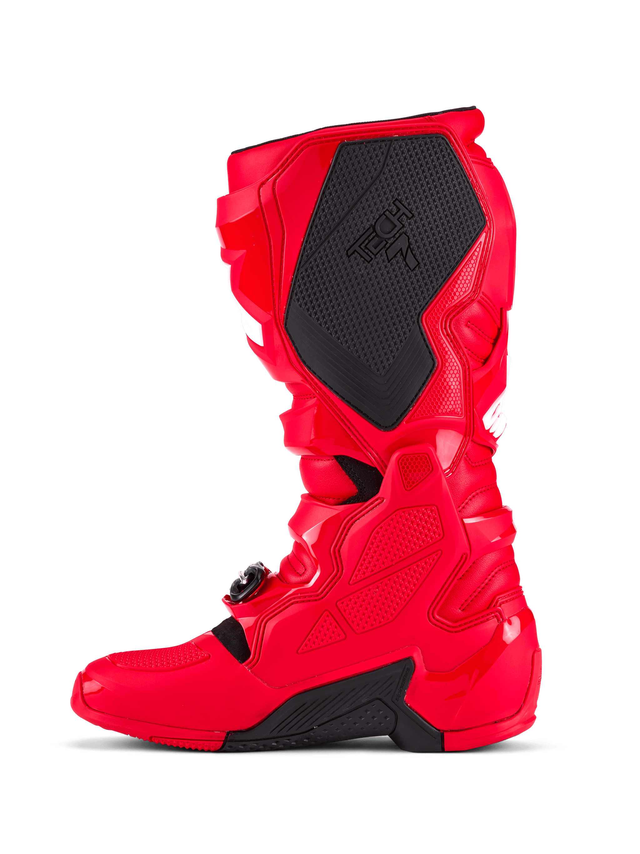 Bottes Alpinestars Tech 7, bottes de motocross, rouge vif, vue latérale médiale présentant un grand panneau de préhension texturé noir avec marquage Tech 7, coque de protection en TPU et système de fermeture à boucles réglables pour le tout-terrain