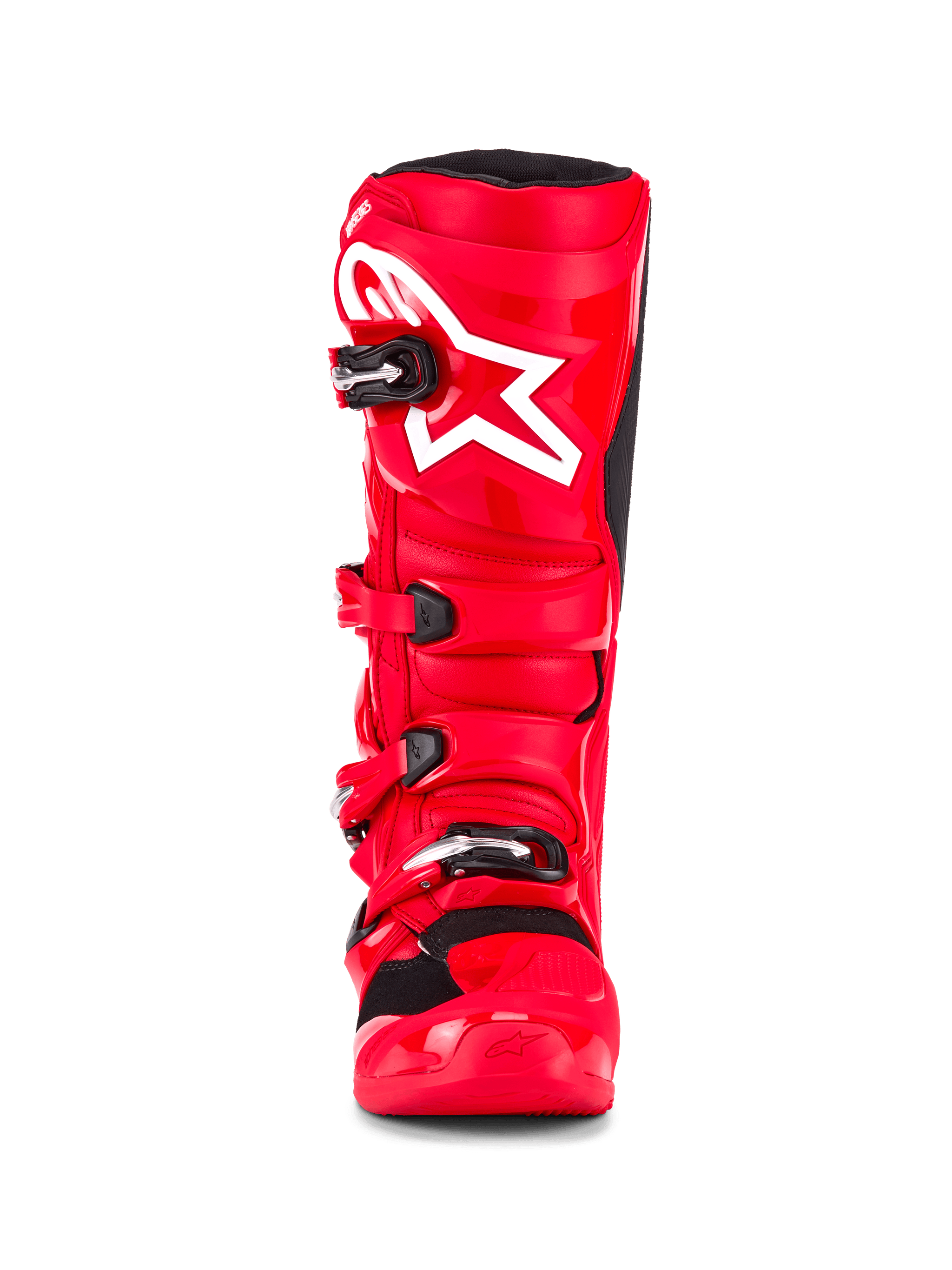 Bottes Alpinestars Tech 7, bottes de motocross, rouge éclatant, vue de face avec un logo étoile blanc sur le tibia, fermetures à boucles noires et coque de protection en TPU haute performance.