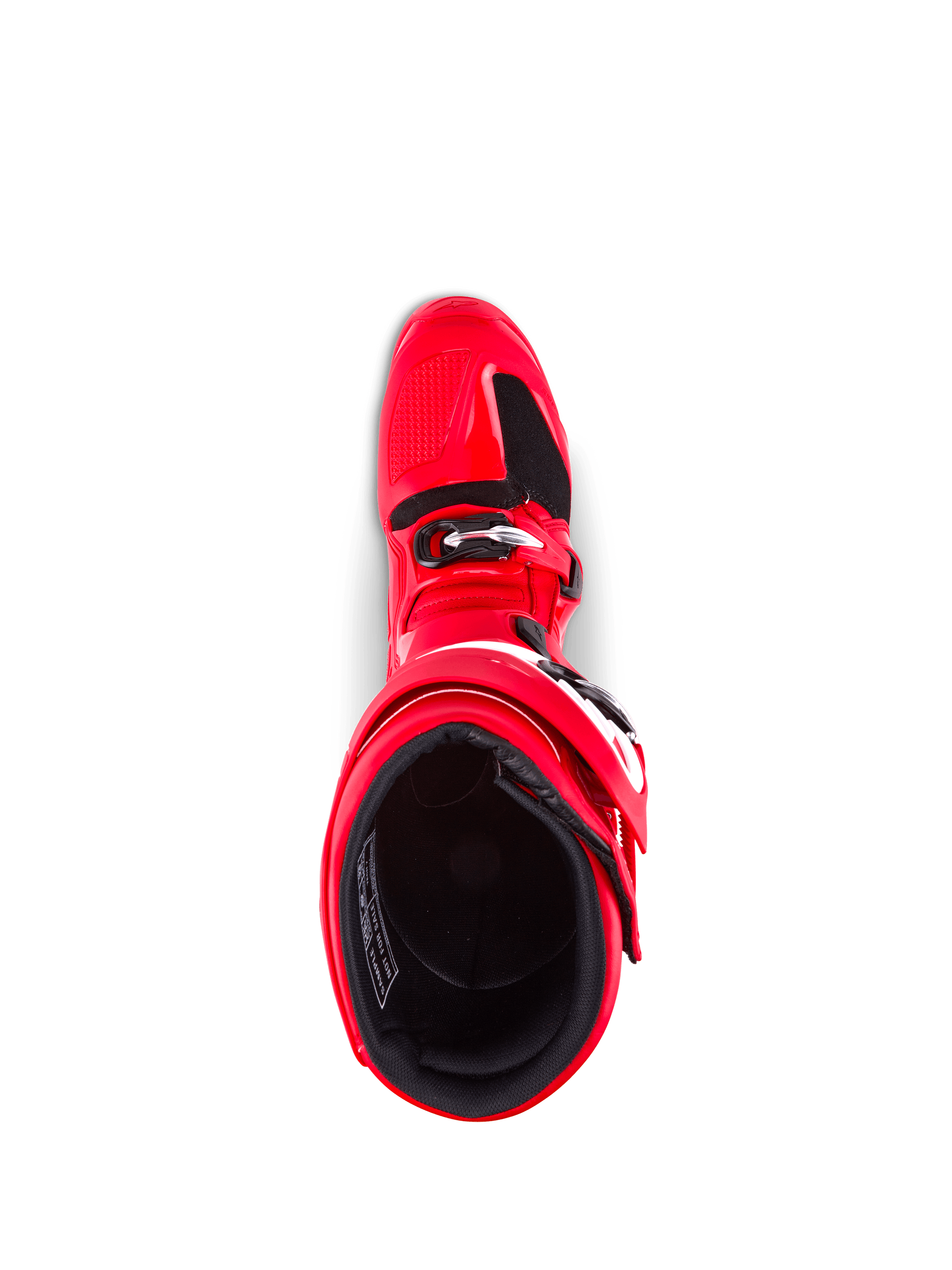 Bottes Alpinestars Tech 7, bottes de motocross, rouge vif, vue de dessus montrant la doublure intérieure et la fermeture par boucle, construction en TPU durable pour une protection tout-terrain