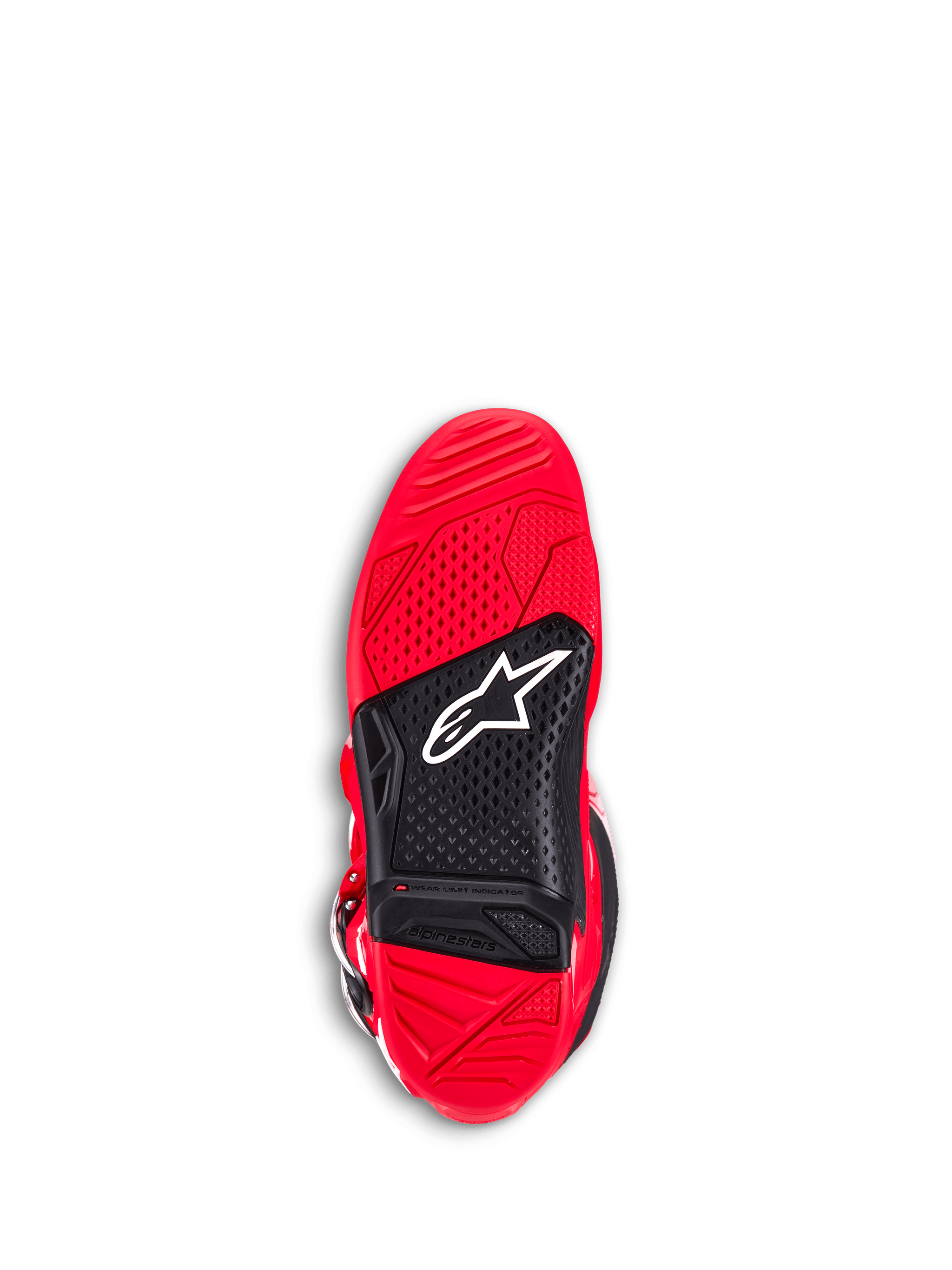 Bottes Alpinestars Tech 7, bottes de motocross, rouge vif, vue de dessous de la semelle extérieure, dotées d'un caoutchouc bi-composé rouge et noir, adhérence texturée pour les repose-pieds, logo Astar blanc et indicateur de limite d'usure visible.