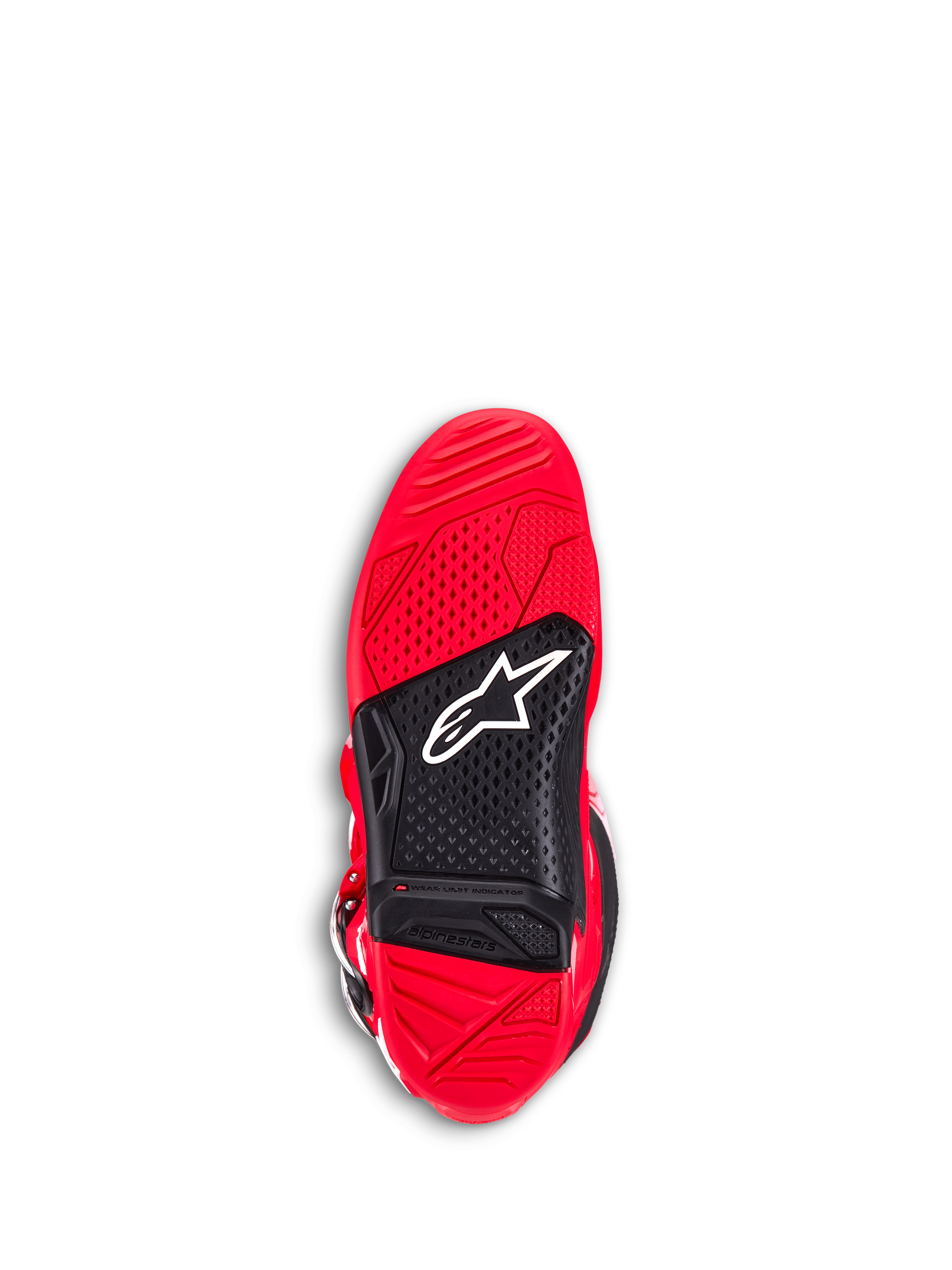 Alpinestars Tech 7 Boots, Motocross Boots, Bright Red, bottom view of the outsole, featuring red and black dual-compound rubber, textured grip for footpegs, white Astar logo, and a visible wear limit indicator.