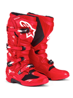 Alpinestars Tech 7 Boots, Motocross Boots, Bright Red, featuring white Astars logo on the shin, silver and black buckle closure system, and protective TPU shell for off-road performance