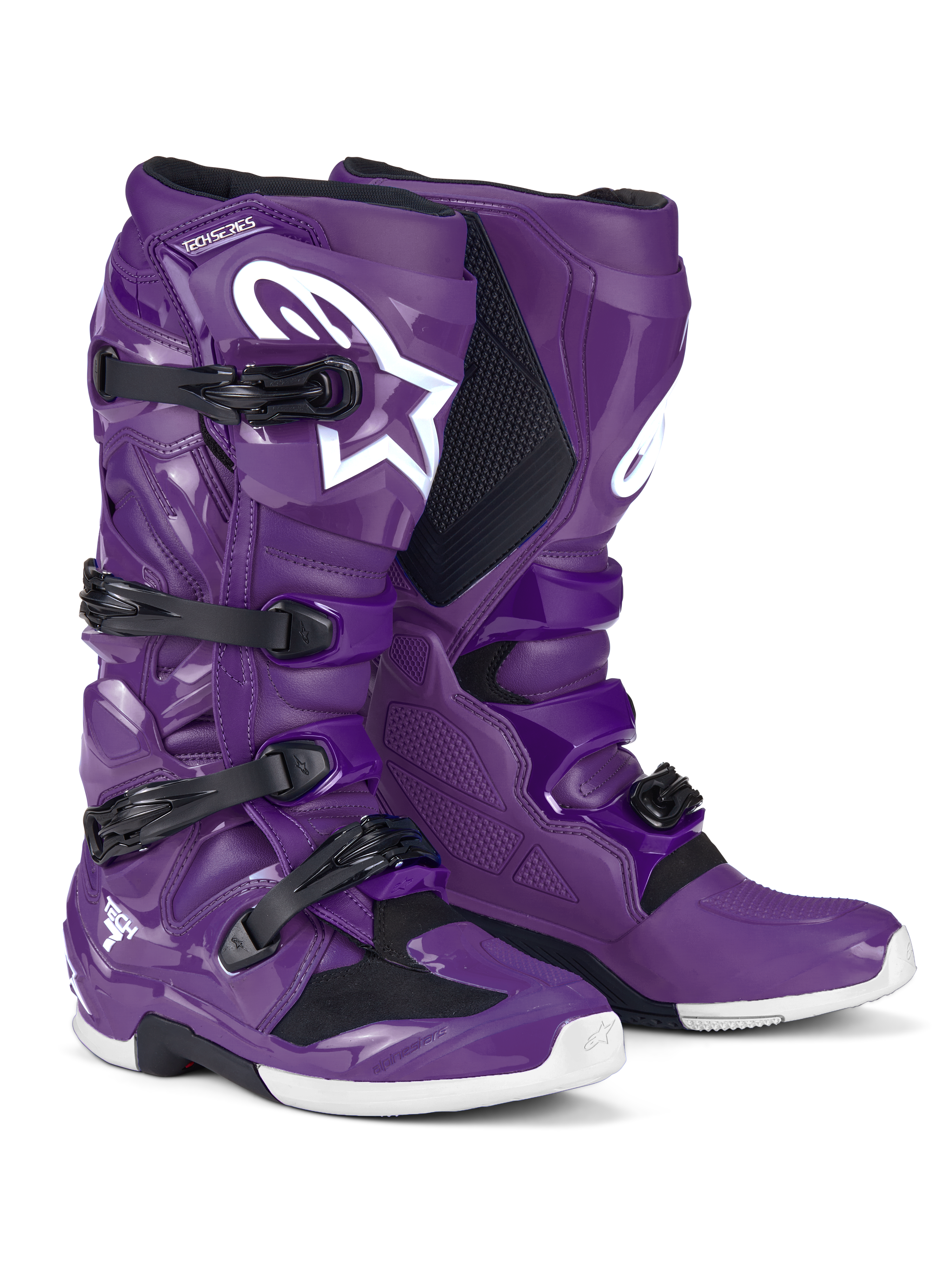 Alpinestars Tech 7 laarzen, motorcrosslaarzen, paars, met zwarte gespen en een groot wit Astars-logo, hoogwaardig beschermend ontwerp met een sluiting met vier riemen en duurzame TPU-schaal voor off-road racing