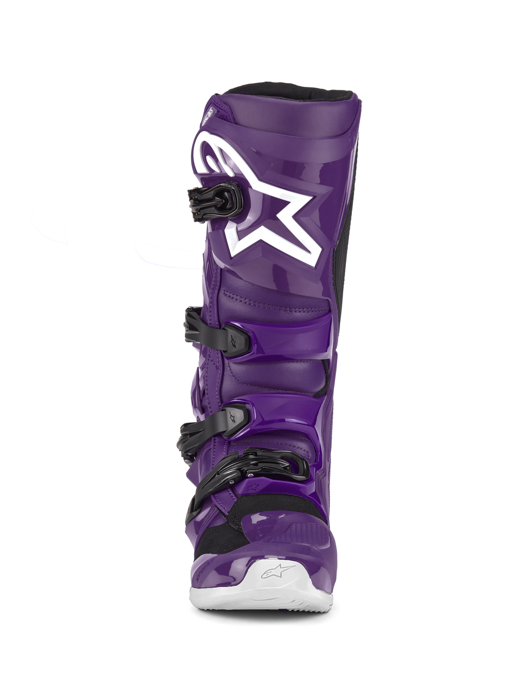 Alpinestars Tech 7 Laarzen, paarse motorcross laarzen, vooraanzicht, voorzien van vier zwarte gespen, wit Alpinestars logo op de scheenplaat, duurzame TPU-schaal en synthetische constructie voor off-road bescherming