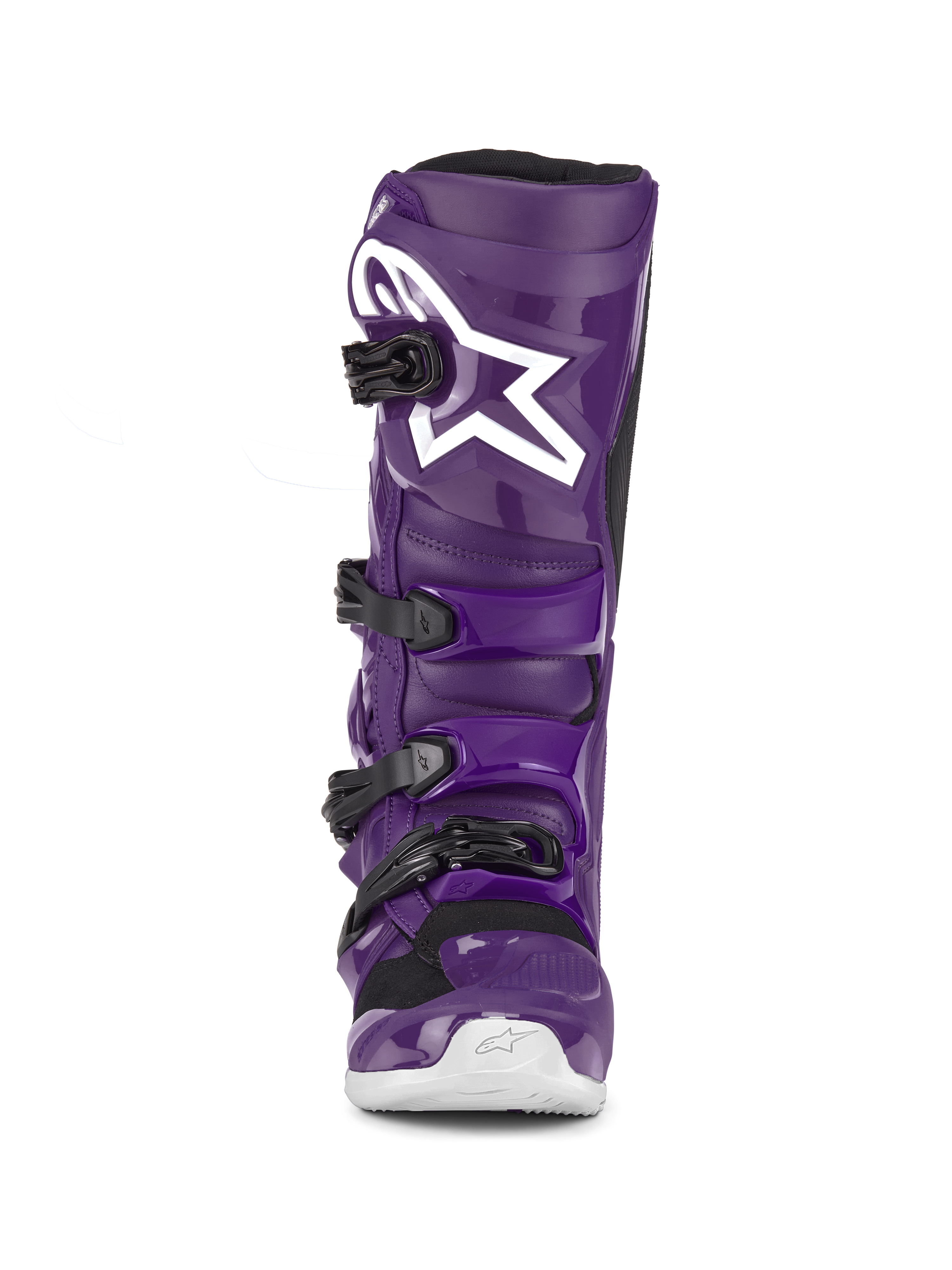 Alpinestars Tech 7 Laarzen, paarse motorcross laarzen, vooraanzicht, voorzien van vier zwarte gespen, wit Alpinestars logo op de scheenplaat, duurzame TPU-schaal en synthetische constructie voor off-road bescherming