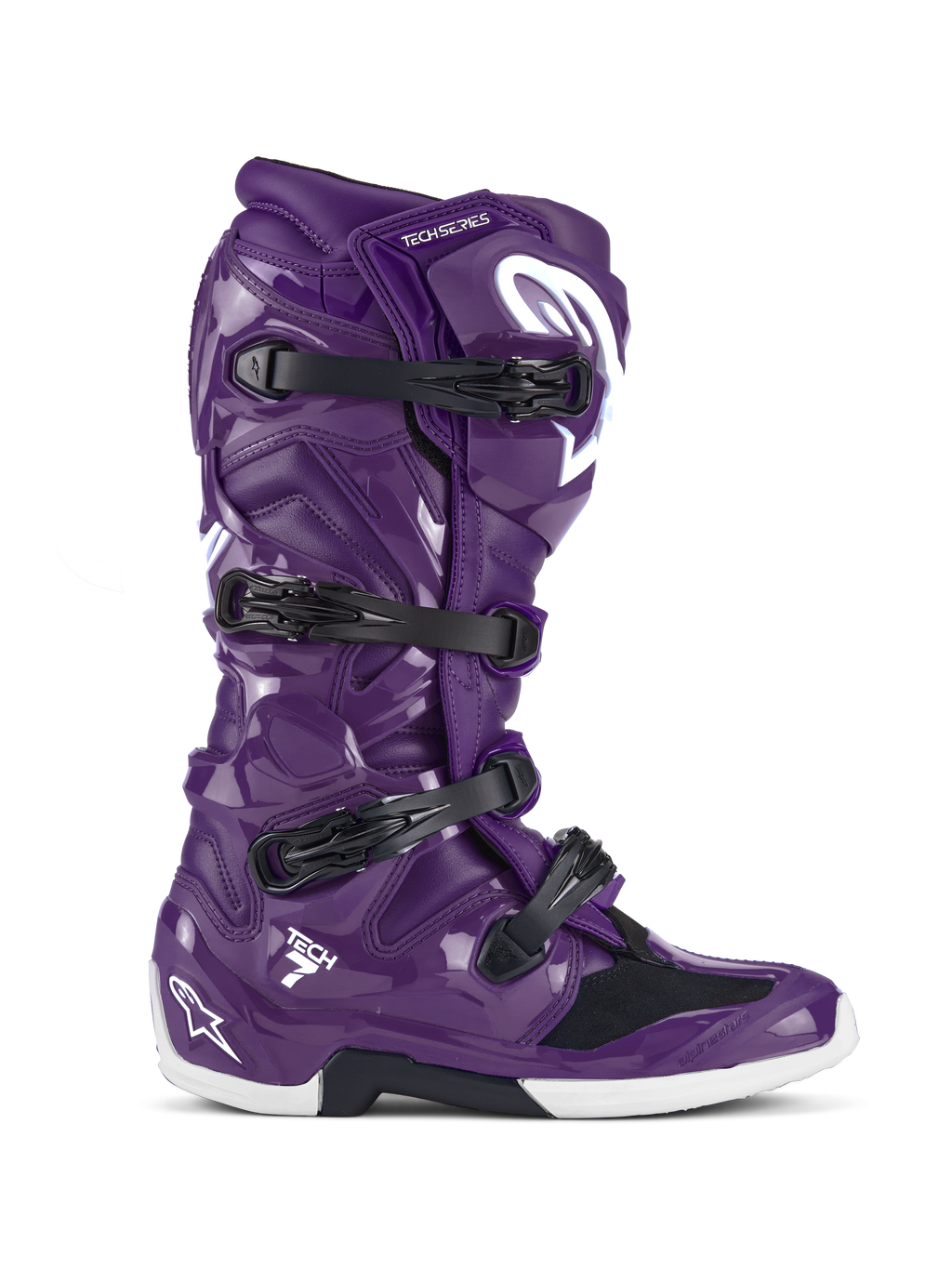 Alpinestars Tech 7 laarzen, motorcross- en off-roadlaarzen, glanzend paars met zwarte gespen en witte accenten, zijaanzicht, sluitsysteem met vier gespen, wit Star-logo op de hiel en het scheenbeen, duurzame TPU-constructie voor off-road prestaties
