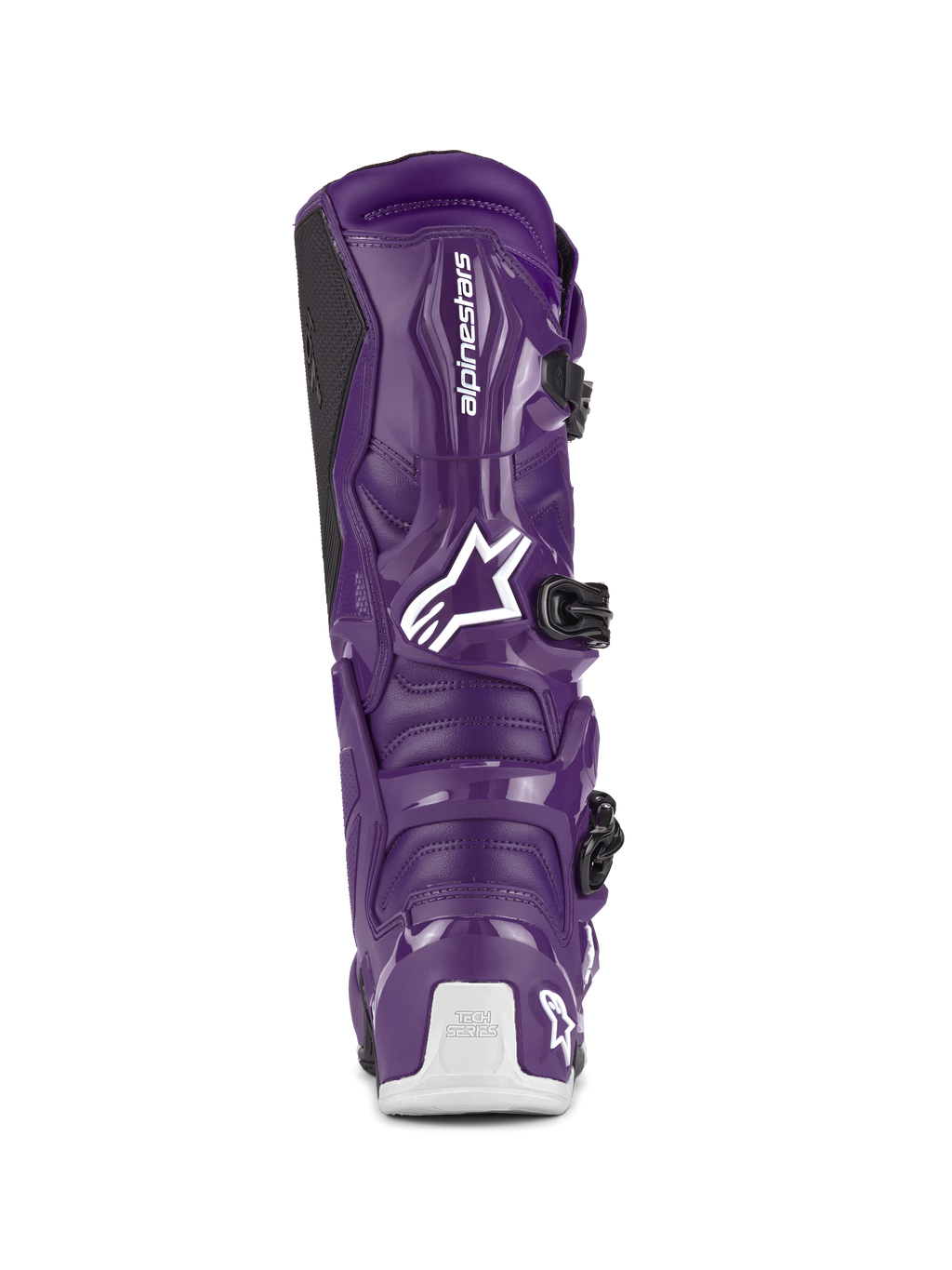 Alpinestars Tech 7 laarzen, motorcrosslaarzen, paars, achteraanzicht met wit Alpinestars-logo en Tech Series-branding op de hiel, zwarte gespsluitingen, duurzame TPU- en synthetische constructie voor off-road racen