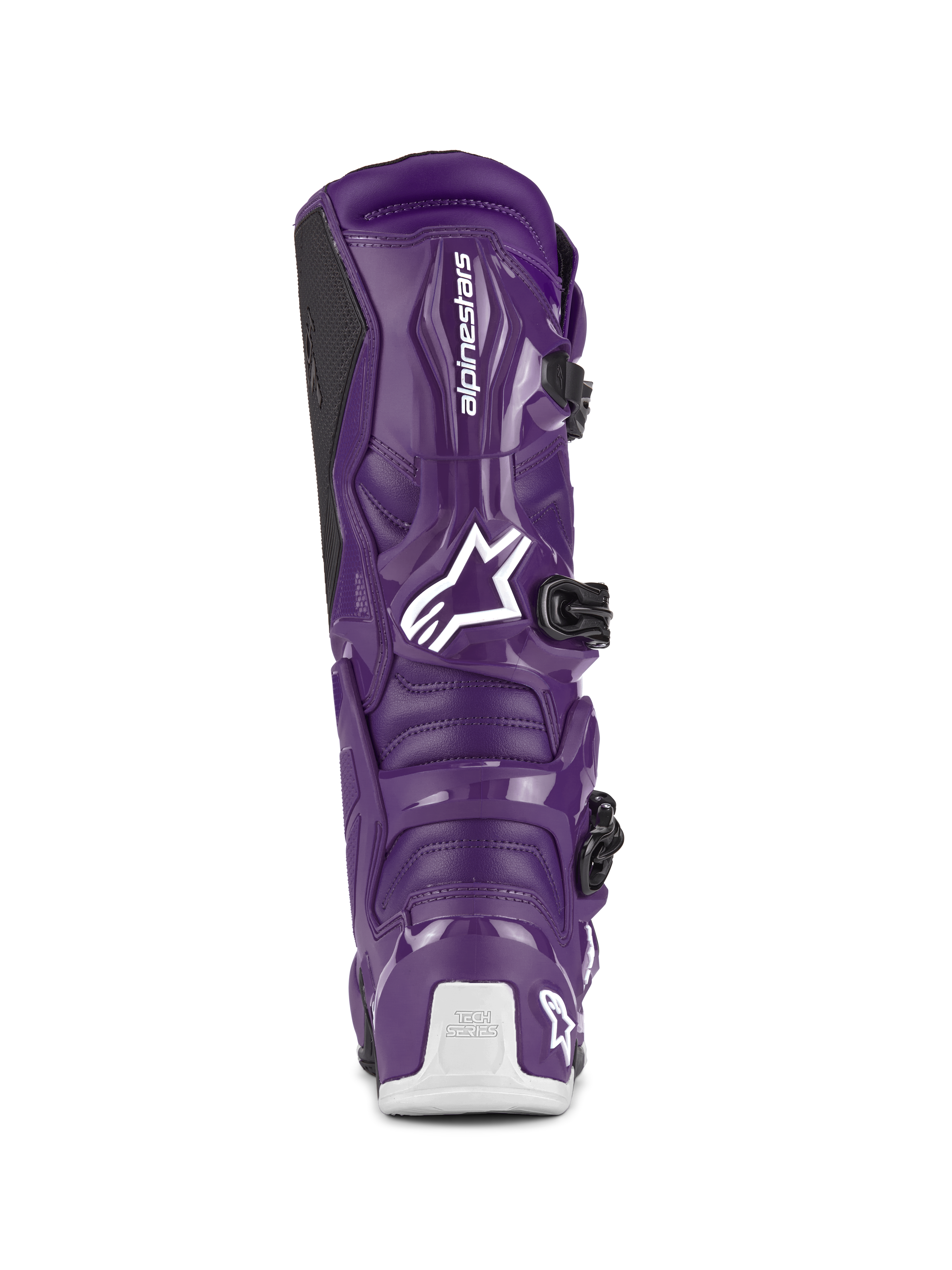 Alpinestars Tech 7 laarzen, motorcrosslaarzen, paars, achteraanzicht met wit Alpinestars-logo en Tech Series-branding op de hiel, zwarte gespsluitingen, duurzame TPU- en synthetische constructie voor off-road racen