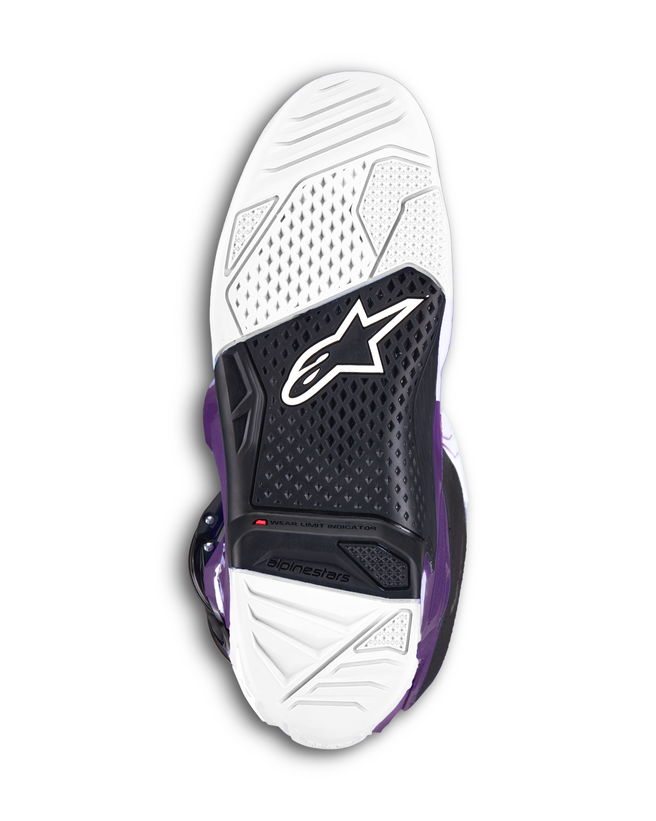 Alpinestars Tech 7 laarzen, paarse motorcrosslaarzen, onderaanzicht van de zool met wit en zwart dual-compound gevulkaniseerd rubber, voorzien van het Alpinestars-logo en een zichtbare rode slijtage-indicator voor off-road prestaties