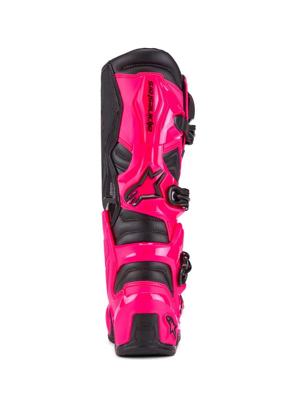 Bottes Alpinestars Tech 7, bottes de motocross, rose Diva et noir, vue arrière montrant la protection du talon et du mollet en TPU résistant aux chocs, système de boucles noires, construction durable pour la conduite tout-terrain