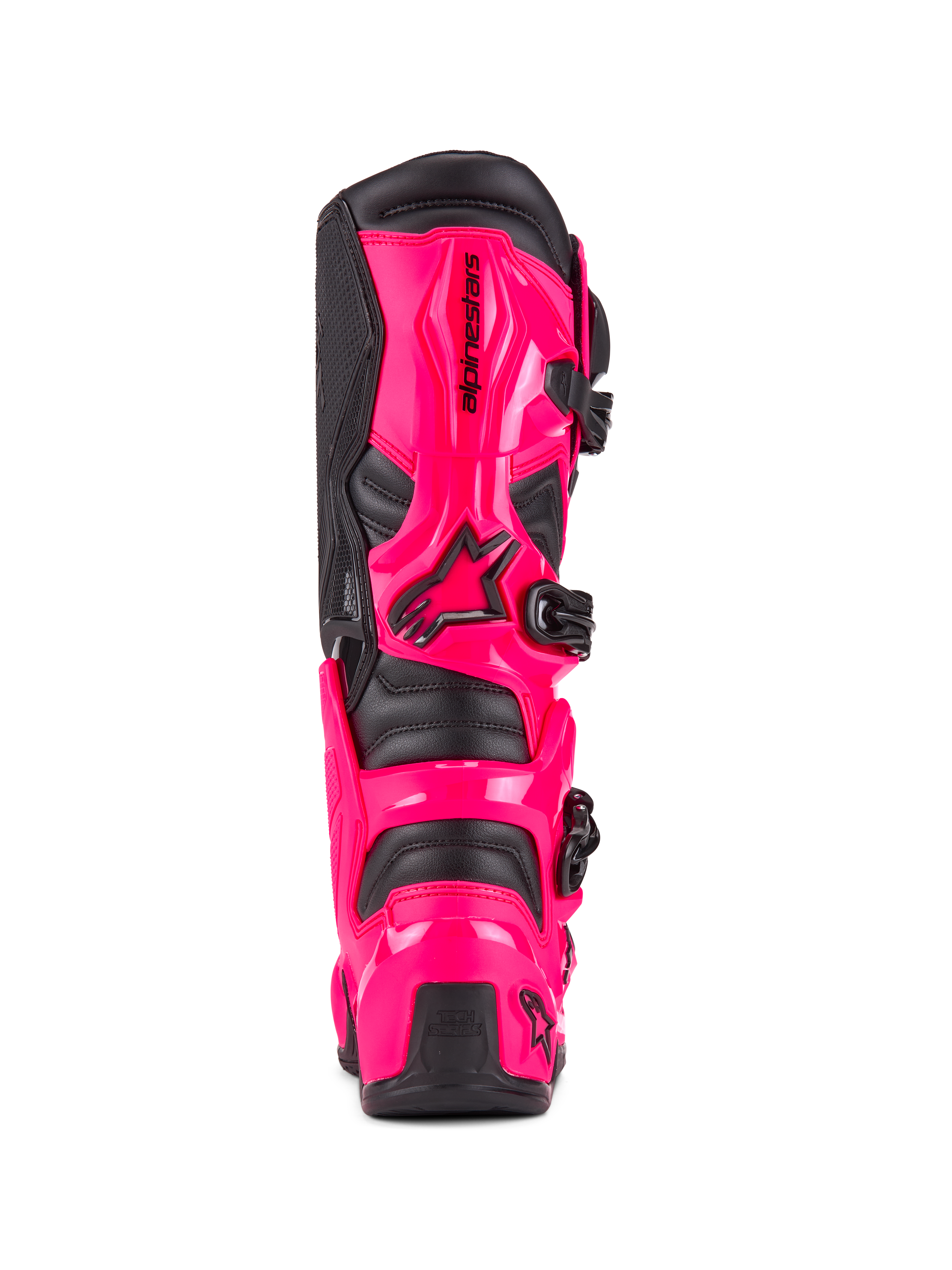 Bottes Alpinestars Tech 7, bottes de motocross, rose Diva et noir, vue arrière montrant la protection du talon et du mollet en TPU résistant aux chocs, système de boucles noires, construction durable pour la conduite tout-terrain