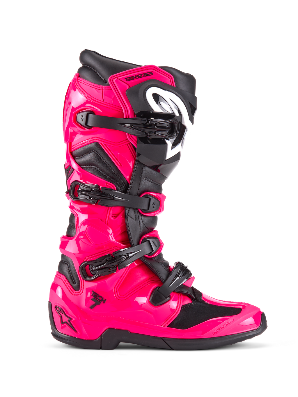 Bottes Alpinestars Tech 7, bottes de motocross tout-terrain, rose Diva et noir, coque en TPU rose brillant avec accents noirs, quatre boucles noires réglables, protège-tibia renforcé, chaussures de course professionnelles