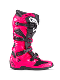 Bottes Alpinestars Tech 7, bottes de motocross tout-terrain, rose Diva et noir, coque en TPU rose brillant avec accents noirs, quatre boucles noires réglables, protège-tibia renforcé, chaussures de course professionnelles