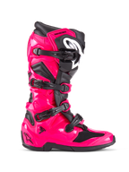 Bottes Alpinestars Tech 7, bottes de motocross tout-terrain, rose Diva et noir, coque en TPU rose brillant avec accents noirs, quatre boucles noires réglables, protège-tibia renforcé, chaussures de course professionnelles