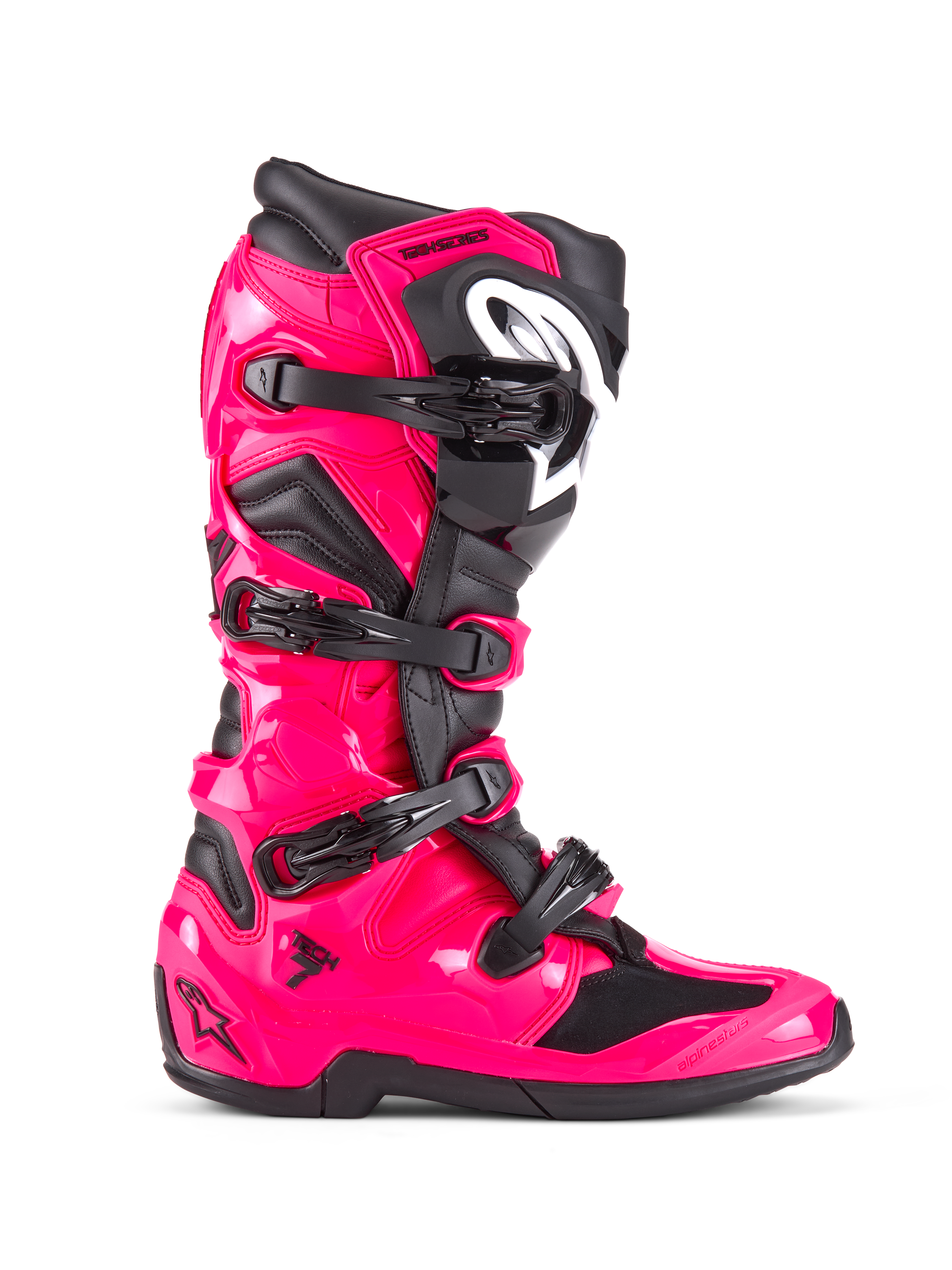 Bottes Alpinestars Tech 7, bottes de motocross tout-terrain, rose Diva et noir, coque en TPU rose brillant avec accents noirs, quatre boucles noires réglables, protège-tibia renforcé, chaussures de course professionnelles