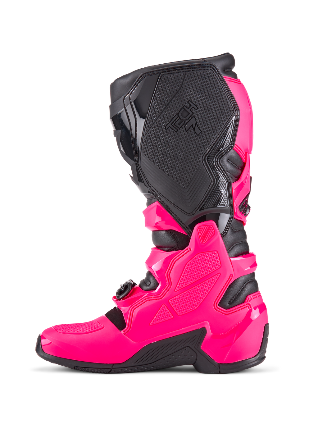 Bottes de motocross Alpinestars Tech 7, Rose Diva et noir, profil latéral présentant une coque de protection en TPU, des panneaux de grip médiaux texturés avec marquage Tech 7 et une semelle noire robuste, chaussures de course tout-terrain haute performance