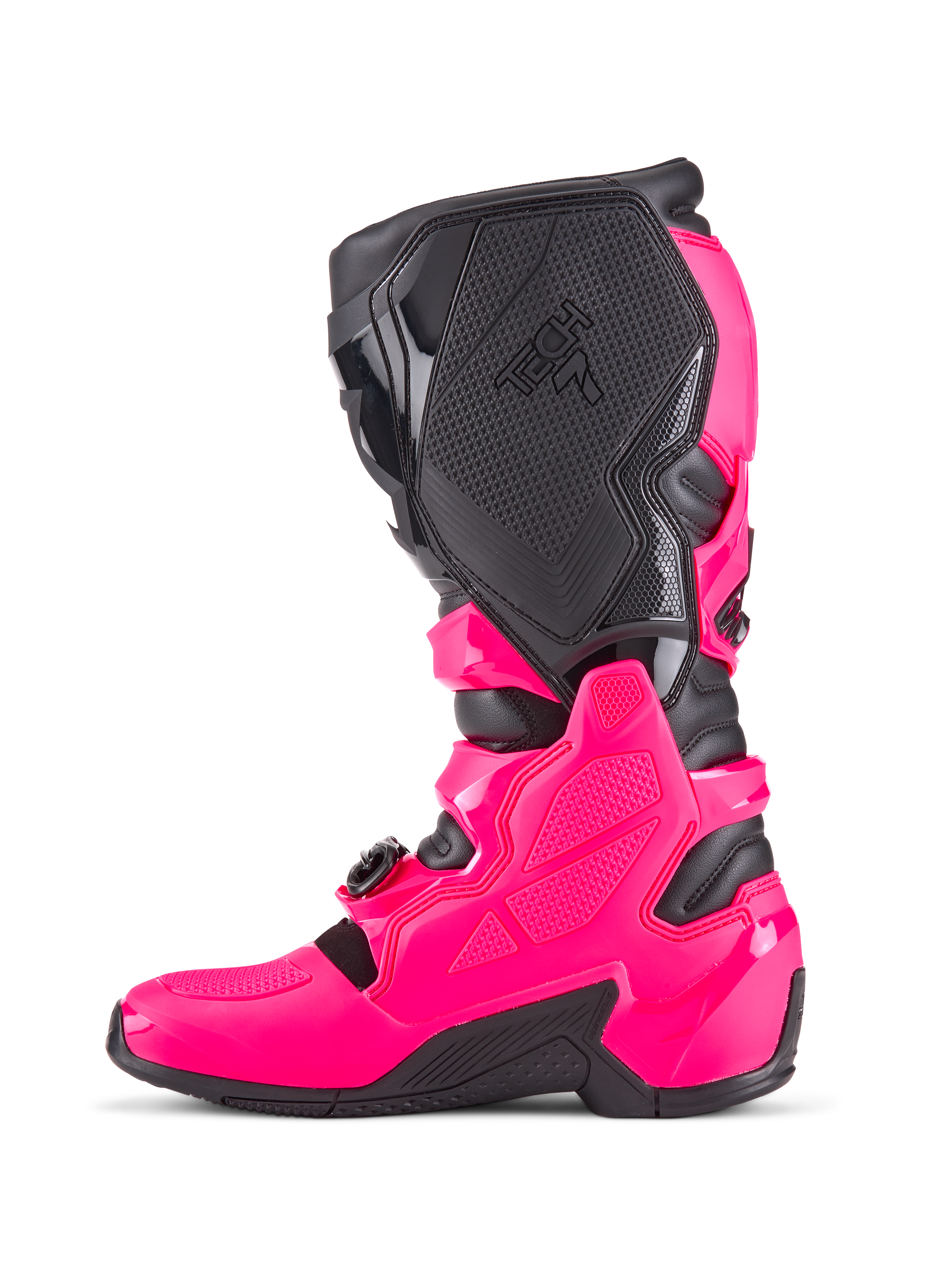 Bottes de motocross Alpinestars Tech 7, Rose Diva et noir, profil latéral présentant une coque de protection en TPU, des panneaux de grip médiaux texturés avec marquage Tech 7 et une semelle noire robuste, chaussures de course tout-terrain haute performance