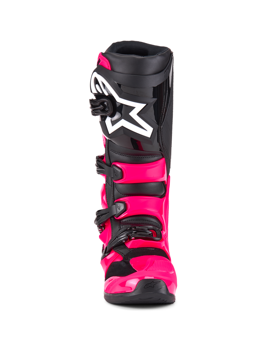 Bottes Alpinestars Tech 7, bottes de motocross, Diva Pink Black, vue de face, dotées d'une coque et de sangles en TPU rose vif, d'une plaque tibiale noire avec un grand logo étoilé Alpinestars blanc et de boucles noires sécurisées.