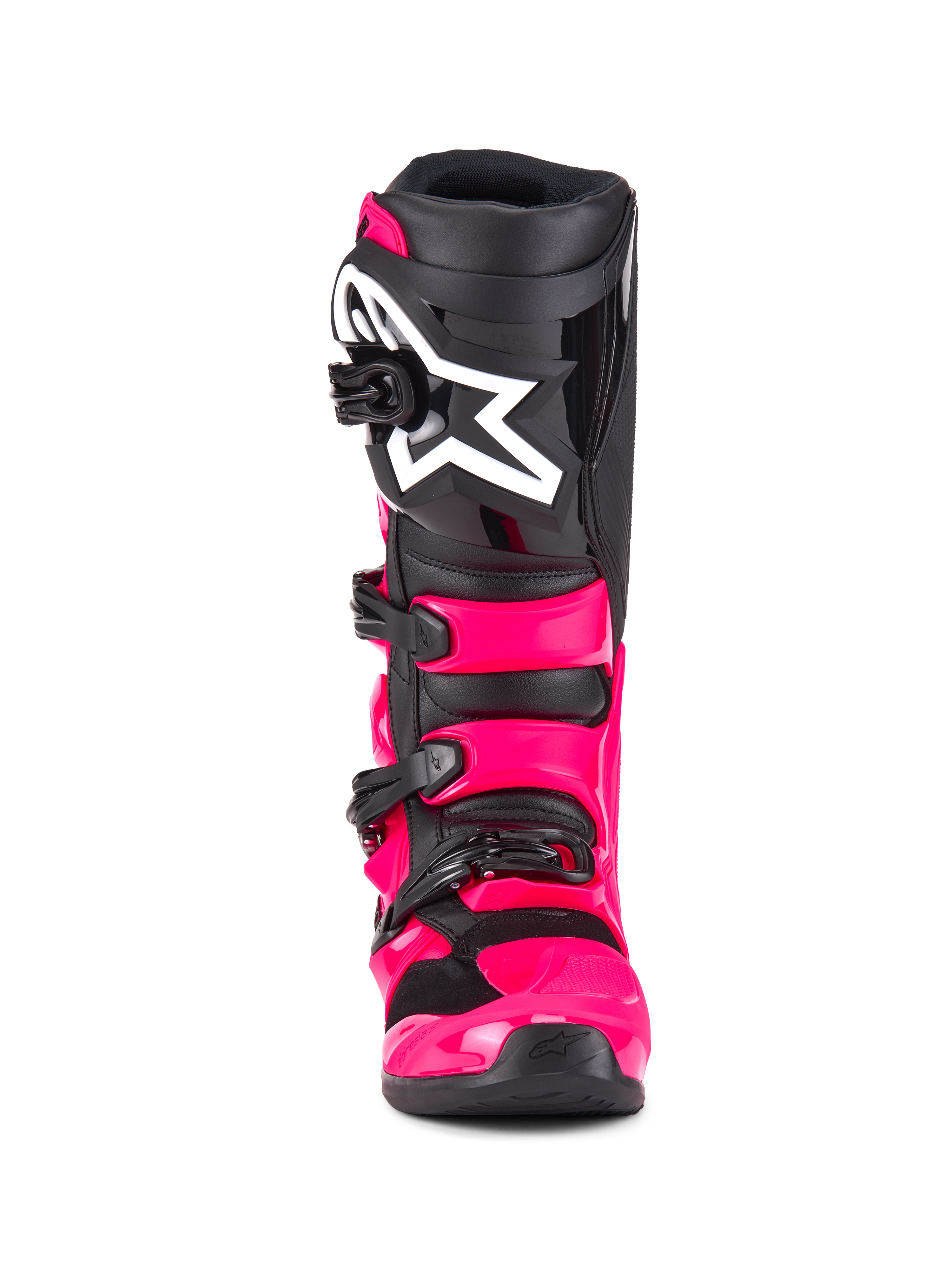 Bottes Alpinestars Tech 7, bottes de motocross, Diva Pink Black, vue de face, dotées d'une coque et de sangles en TPU rose vif, d'une plaque tibiale noire avec un grand logo étoilé Alpinestars blanc et de boucles noires sécurisées.