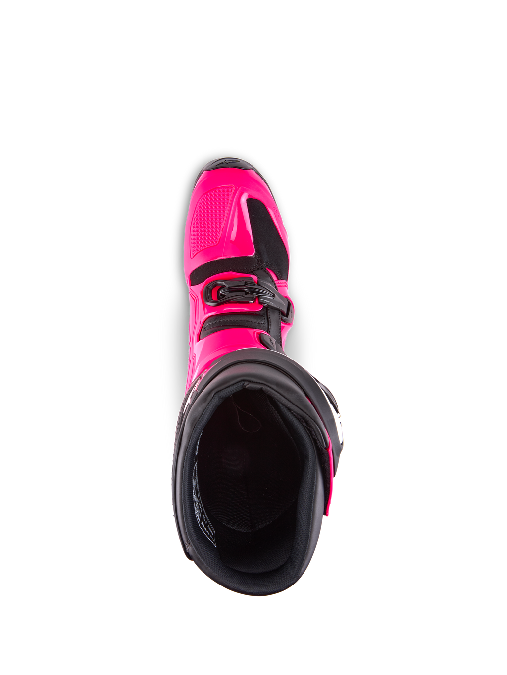 Bottes Alpinestars Tech 7, bottes de motocross, rose diva et noir, vue de dessus montrant la doublure intérieure, la coque extérieure en TPU rose et le détail des boucles, conçues pour la performance tout-terrain
