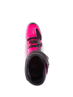 Bottes Alpinestars Tech 7, bottes de motocross, rose diva et noir, vue de dessus montrant la doublure intérieure, la coque extérieure en TPU rose et le détail des boucles, conçues pour la performance tout-terrain