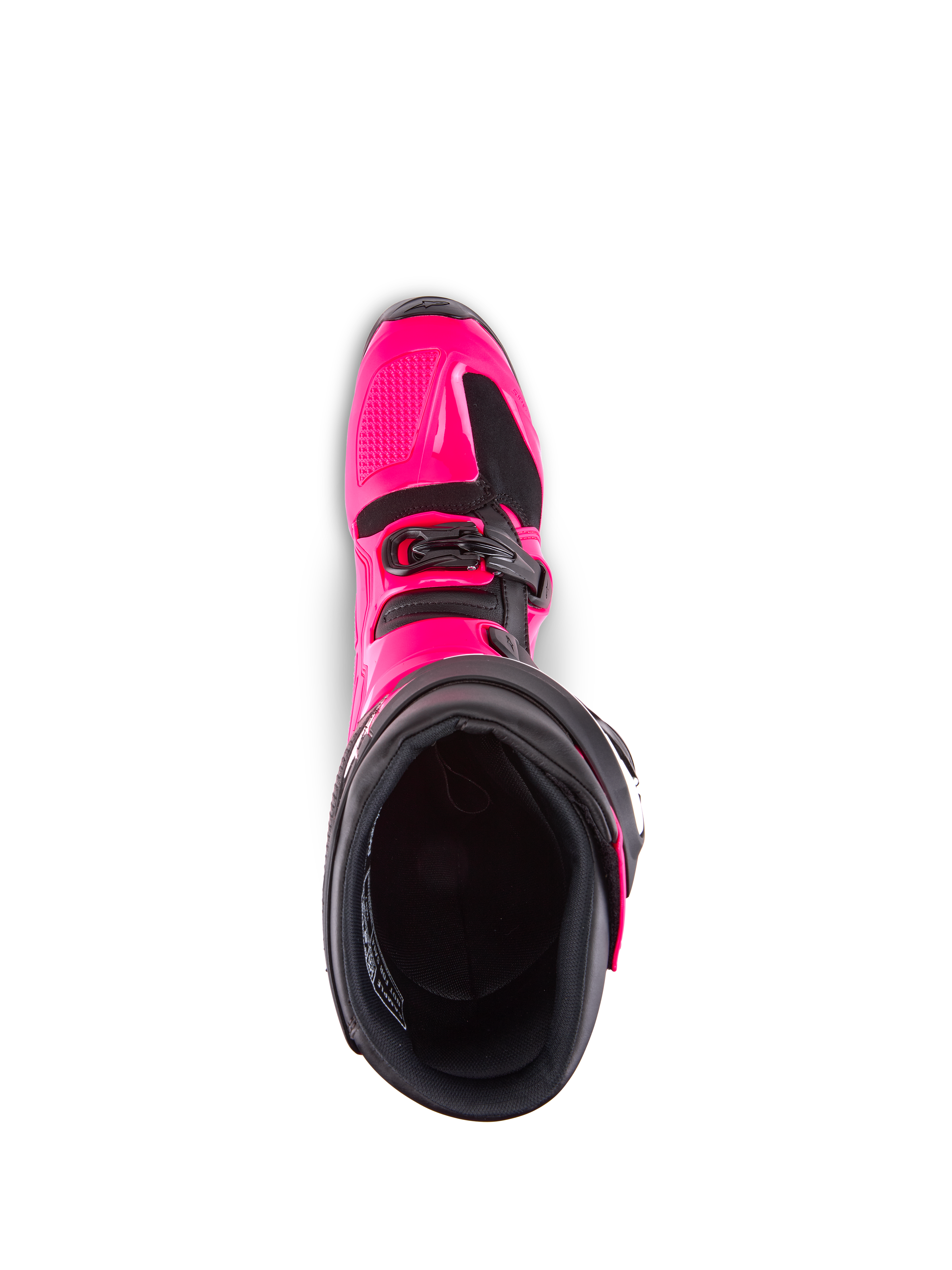 Bottes Alpinestars Tech 7, bottes de motocross, rose diva et noir, vue de dessus montrant la doublure intérieure, la coque extérieure en TPU rose et le détail des boucles, conçues pour la performance tout-terrain