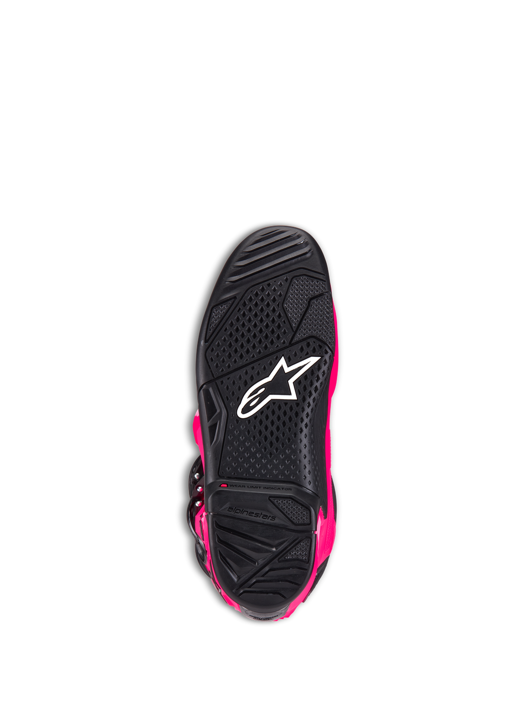 Bottes Alpinestars Tech 7, bottes de motocross, rose Diva et noir, vue de dessous de la semelle extérieure montrant la semelle en caoutchouc texturé noir, le logo Alpinestars blanc et l'indicateur de limite d'usure, chaussures tout-terrain haute performance