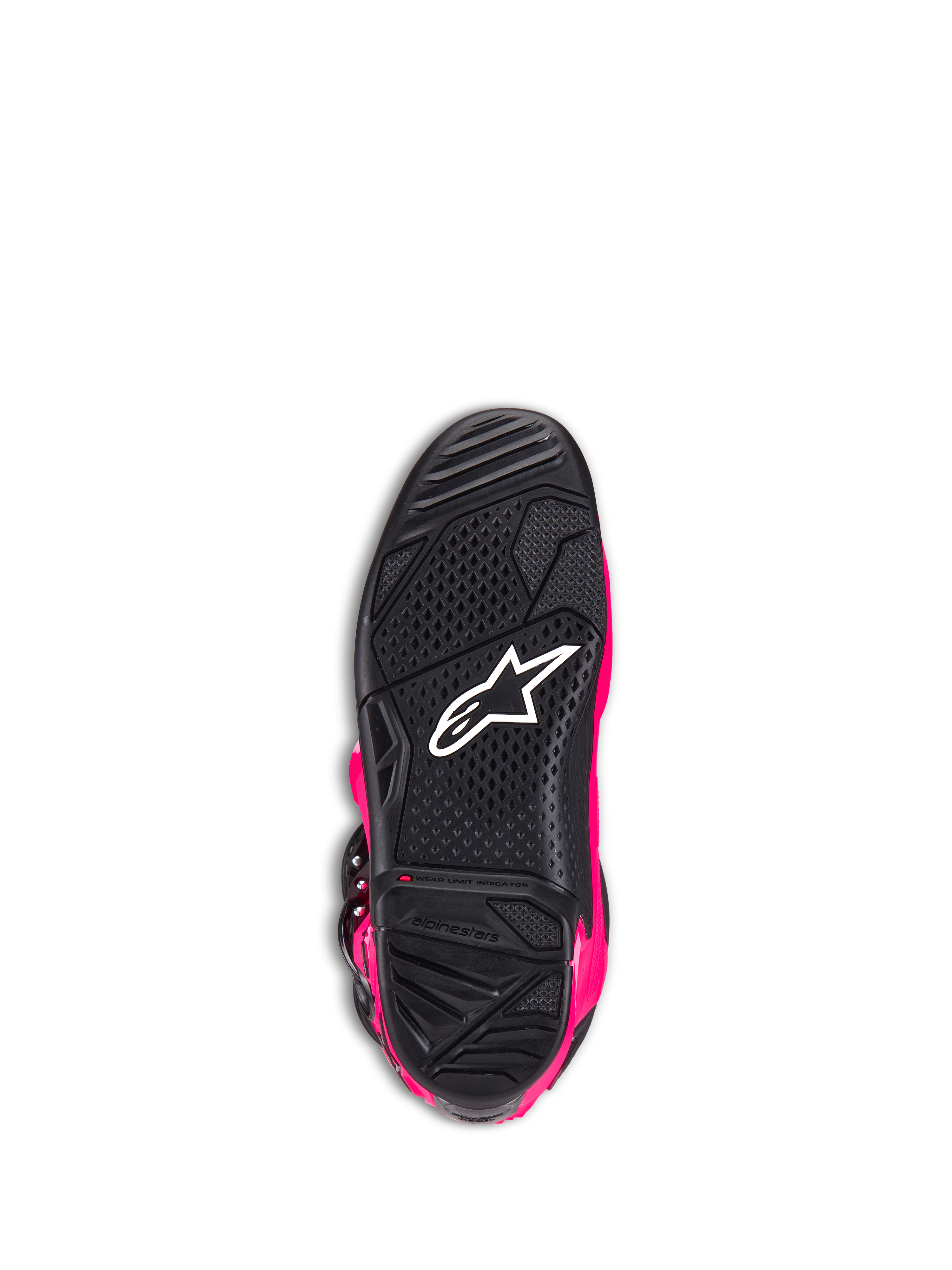 Bottes Alpinestars Tech 7, bottes de motocross, rose Diva et noir, vue de dessous de la semelle extérieure montrant la semelle en caoutchouc texturé noir, le logo Alpinestars blanc et l'indicateur de limite d'usure, chaussures tout-terrain haute performance