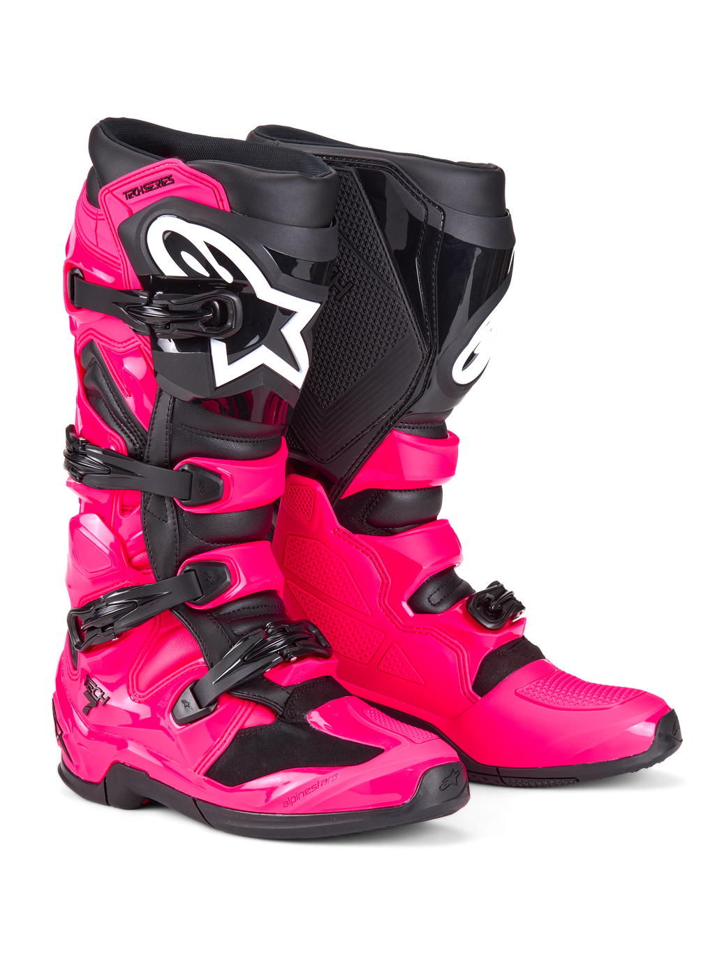Bottes Alpinestars Tech 7, bottes de motocross, rose diva et noir, dotées d'une coque en TPU robuste, d'un système de fermeture à quatre boucles et d'un logo Alpinestars blanc distinctif, chaussures tout-terrain haute performance