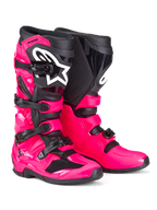 Bottes Alpinestars Tech 7, bottes de motocross, rose diva et noir, dotées d'une coque en TPU robuste, d'un système de fermeture à quatre boucles et d'un logo Alpinestars blanc distinctif, chaussures tout-terrain haute performance