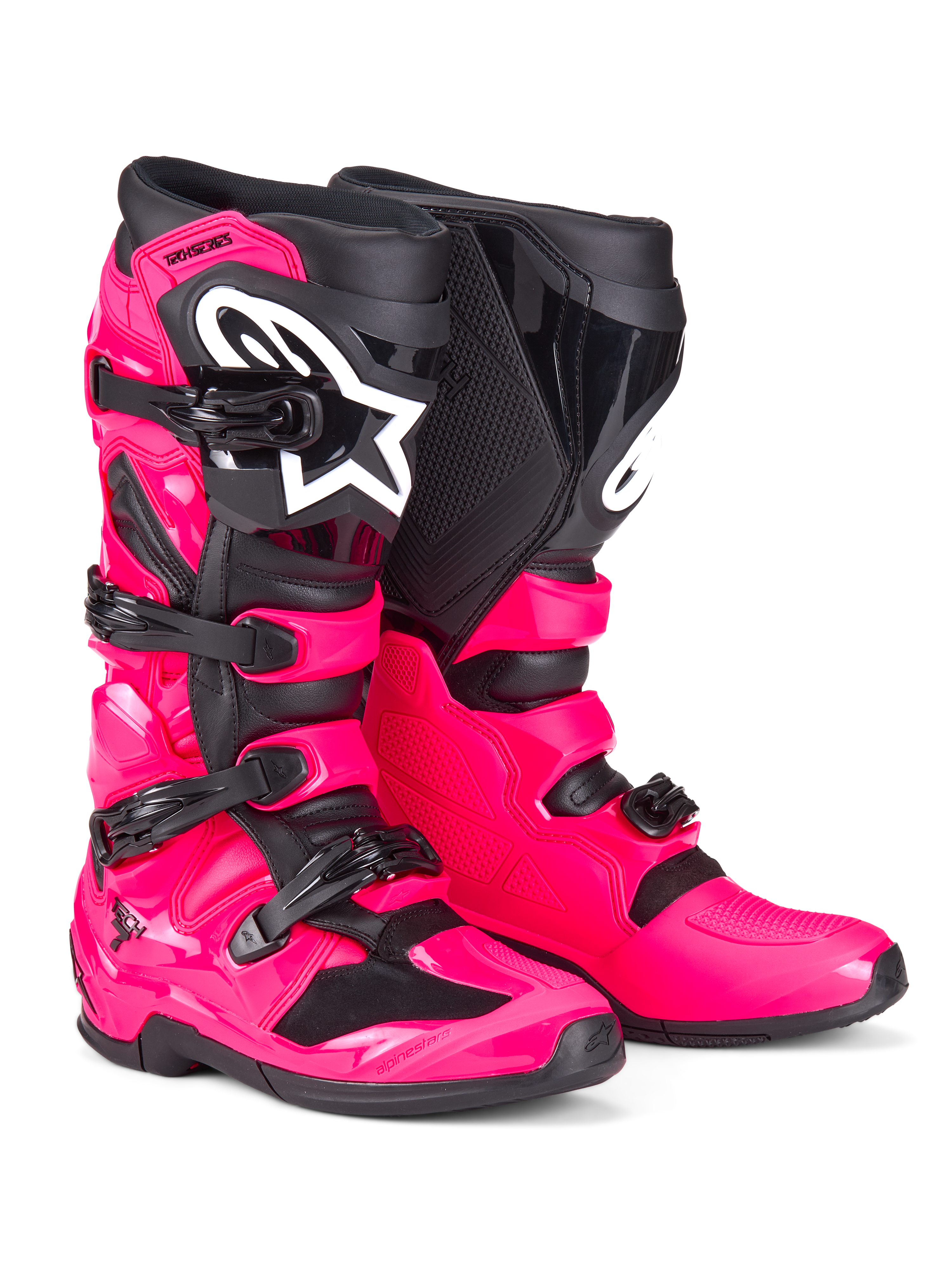 Bottes Alpinestars Tech 7, bottes de motocross, rose diva et noir, dotées d'une coque en TPU robuste, d'un système de fermeture à quatre boucles et d'un logo Alpinestars blanc distinctif, chaussures tout-terrain haute performance