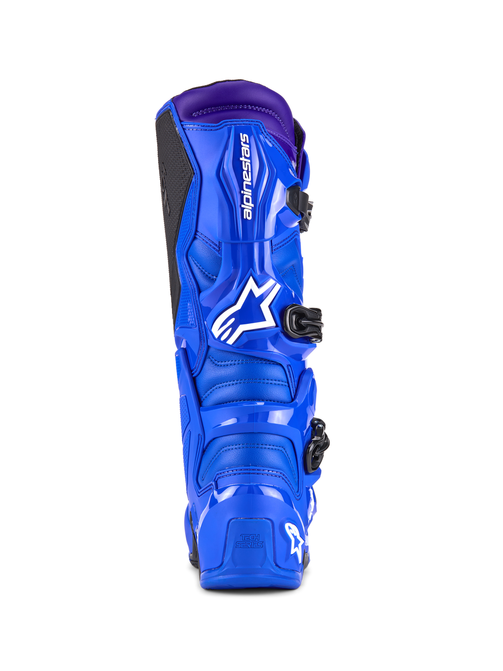 Alpinestars Tech 7 laarzen, motorcrosslaarzen, blauw met paarse accenten, achteraanzicht met de TPU-bescherming, wit Alpinestars-logo op de hiel en zwart grippaneel aan de zijkant, hoogwaardig off-road schoeisel