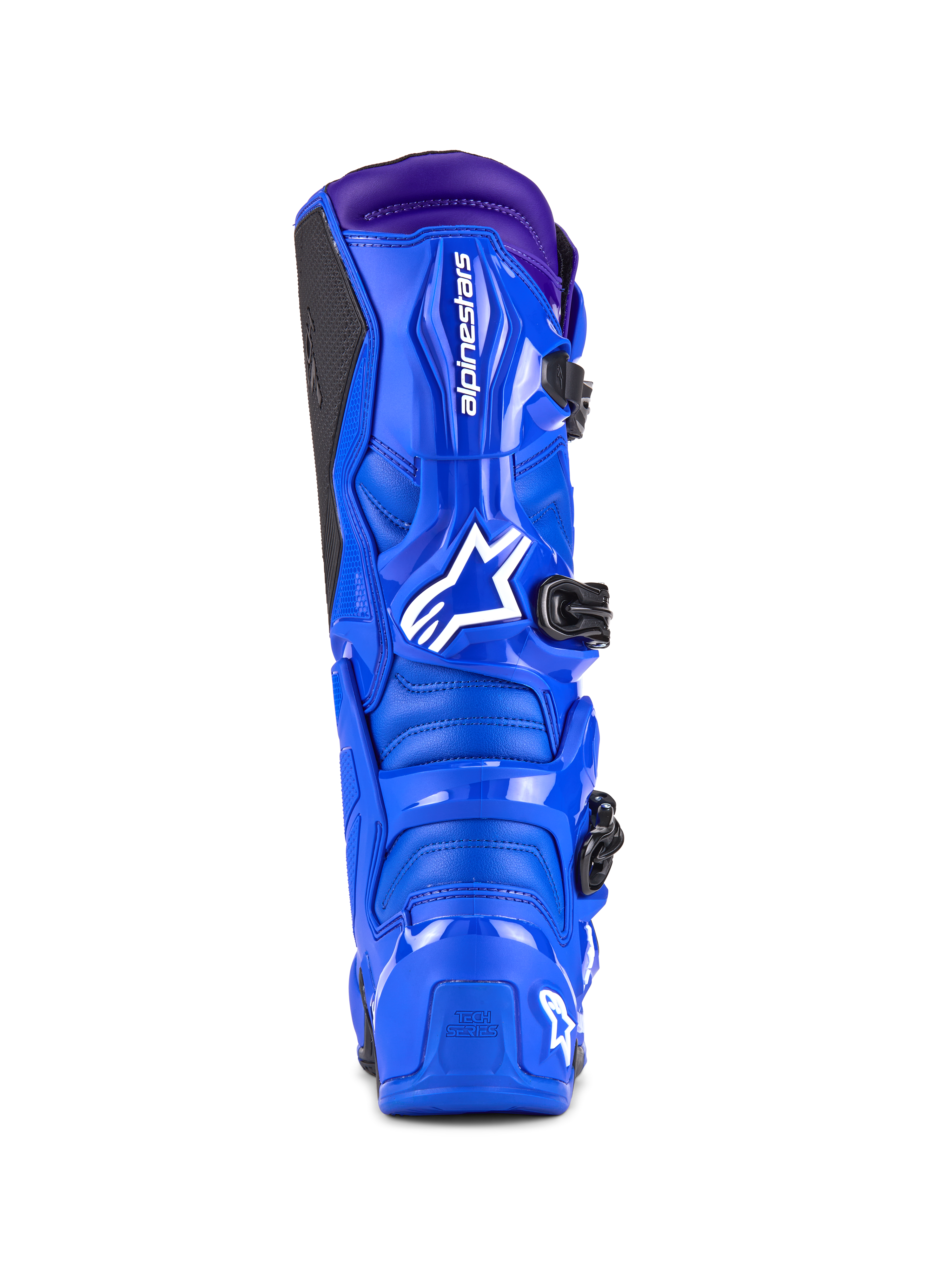 Alpinestars Tech 7 laarzen, motorcrosslaarzen, blauw met paarse accenten, achteraanzicht met de TPU-bescherming, wit Alpinestars-logo op de hiel en zwart grippaneel aan de zijkant, hoogwaardig off-road schoeisel