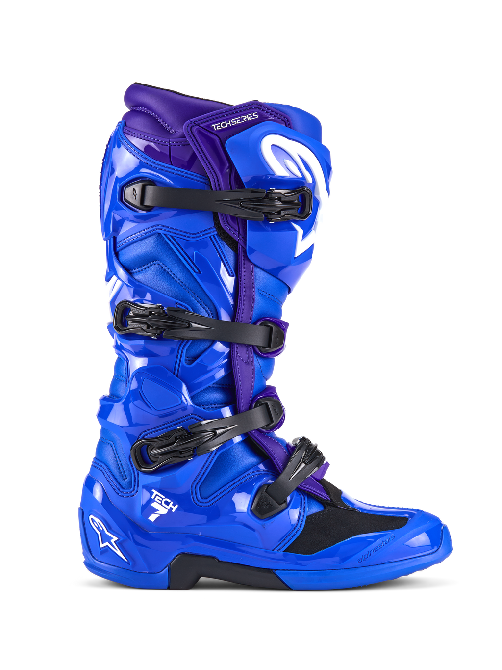 Alpinestars Tech 7 laarzen, motocrosslaarzen, blauw en paars, met vier zwarte gespen, glanzende TPU-beschermende schaal met wit Alpinestars-logo, duurzaam off-road schoeisel