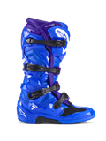 Alpinestars Tech 7 laarzen, motocrosslaarzen, blauw en paars, met vier zwarte gespen, glanzende TPU-beschermende schaal met wit Alpinestars-logo, duurzaam off-road schoeisel