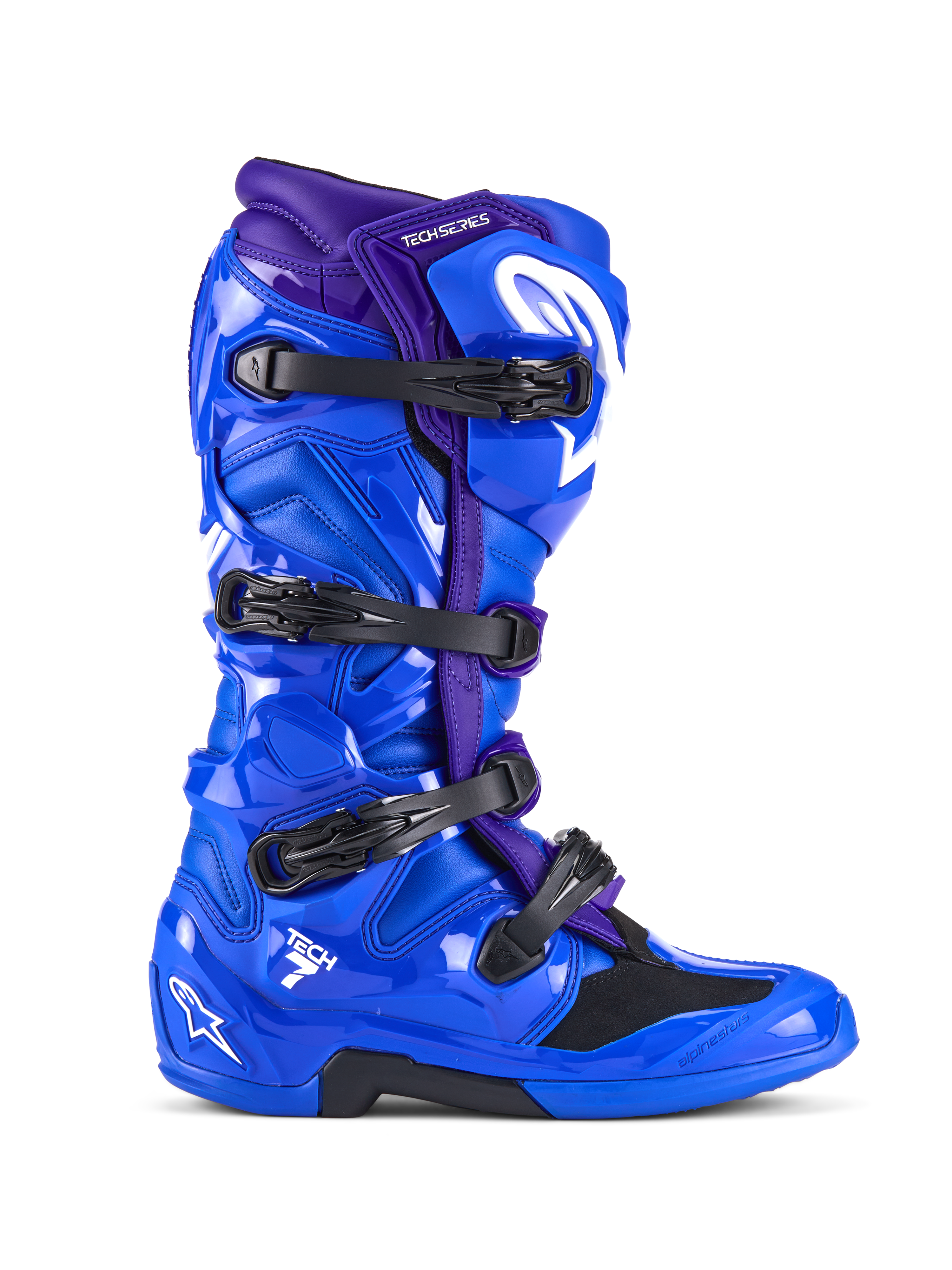 Alpinestars Tech 7 Boots, bottes de motocross, bleues et violettes, dotées de quatre boucles noires, coque de protection en TPU brillant avec logo Alpinestars blanc, chaussures de course tout-terrain durables