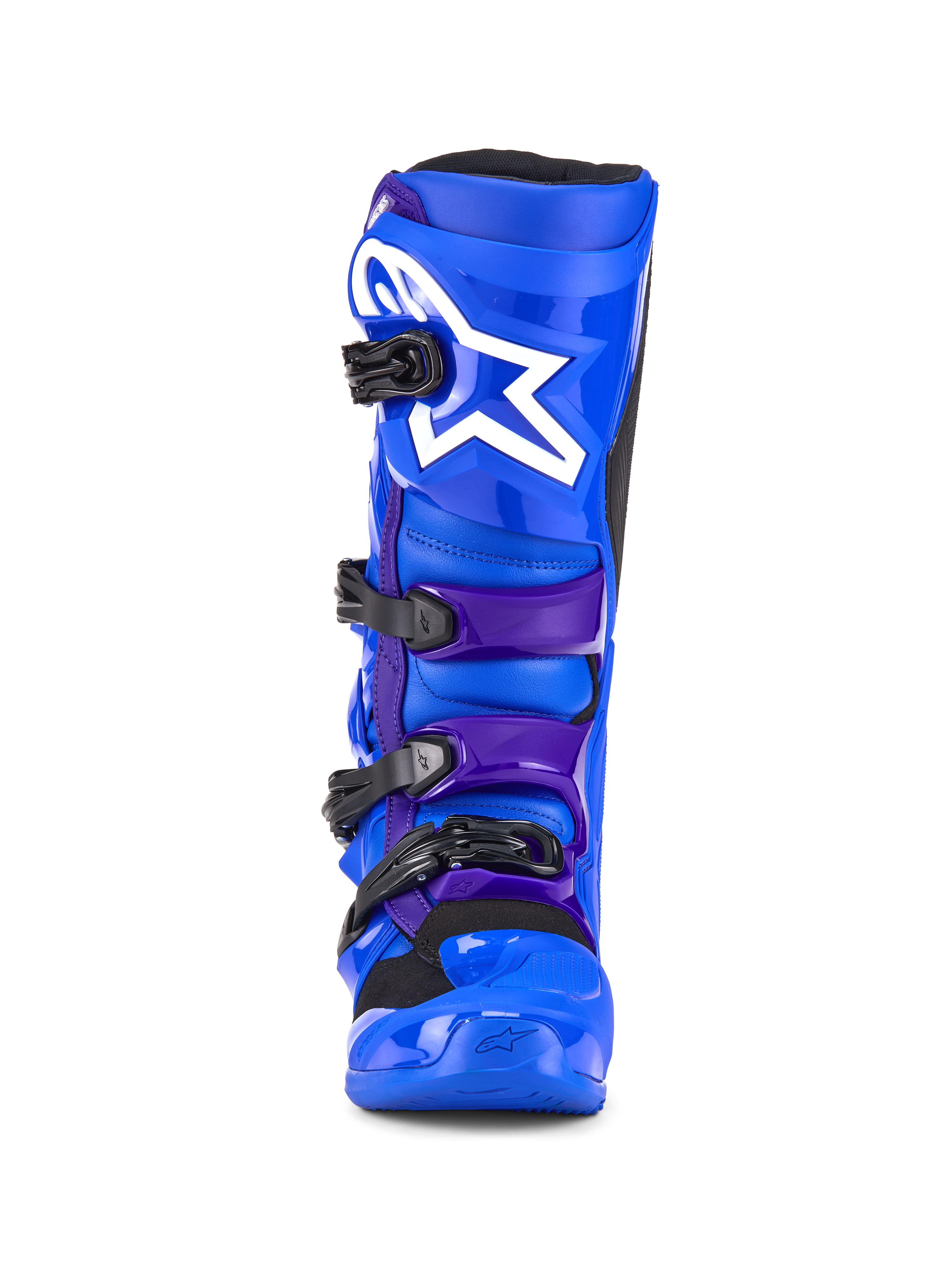 Alpinestars Tech 7 laarzen, motorcrosslaarzen, blauw en paars, met een wit sterlogo op de scheenplaat, sluitsysteem met vier gespen en versterkte TPU-constructie voor off-road racen, vooraanzicht