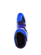 Alpinestars Tech 7 laarzen, motorcrosslaarzen, blauw met paarse en zwarte accenten, bovenaanzicht met de binnenvoering en het gespsysteem, duurzame TPU- en microvezelconstructie voor off-road prestaties