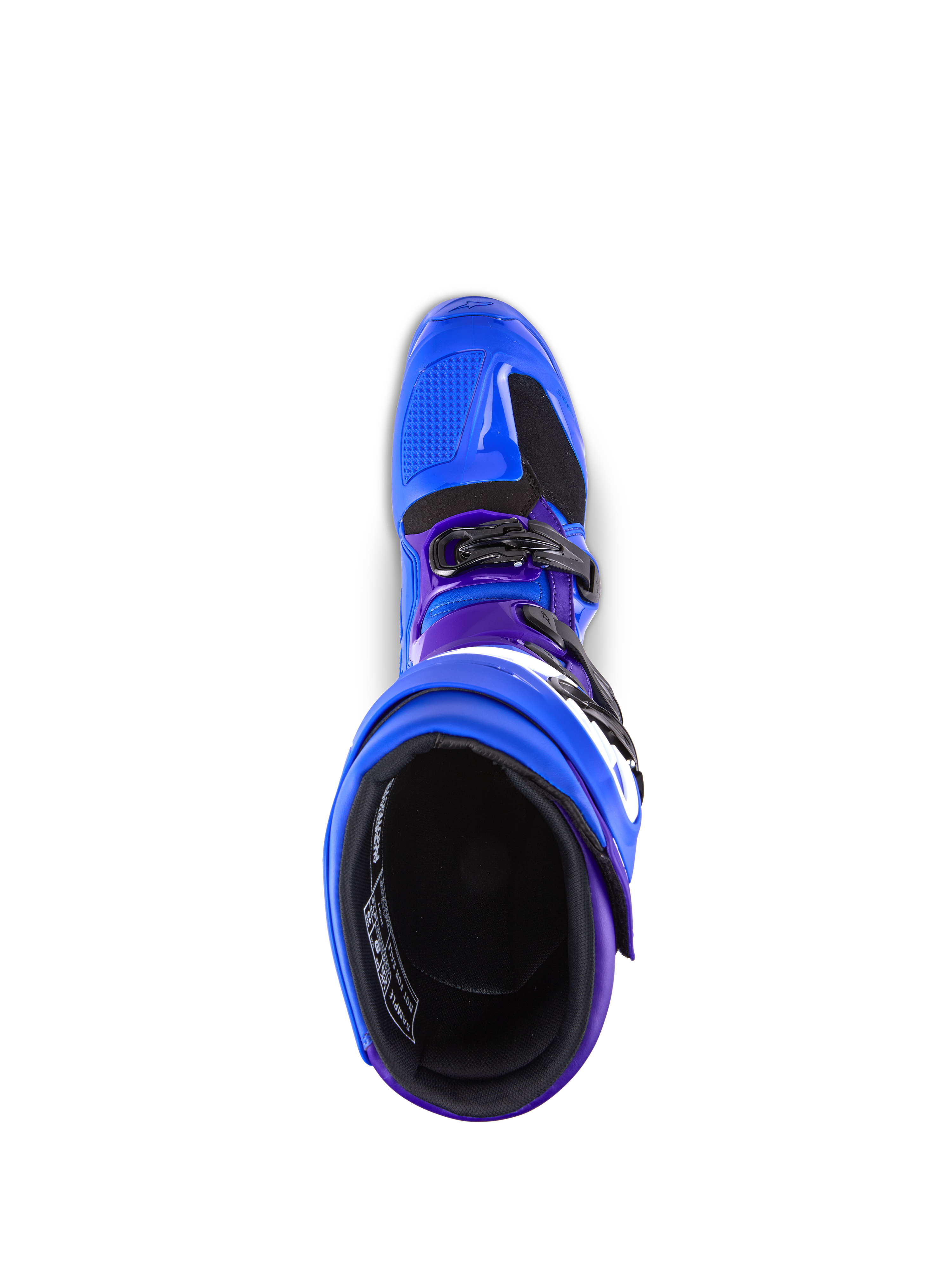Alpinestars Tech 7 laarzen, motorcrosslaarzen, blauw met paarse en zwarte accenten, bovenaanzicht met de binnenvoering en het gespsysteem, duurzame TPU- en microvezelconstructie voor off-road prestaties