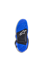 Alpinestars Tech 7 Boots, motocrosslaarzen, blauw, onderaanzicht van de zool met blauw en zwart getextureerd rubber, wit Alpinestars-logo en rode slijtage-indicator, duurzaam off-road schoeisel
